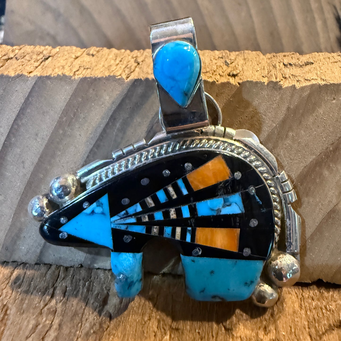 Ray Jack Signed Native Handmade Inlaid Bear Pendant, Sterling Silver Wild West Boho