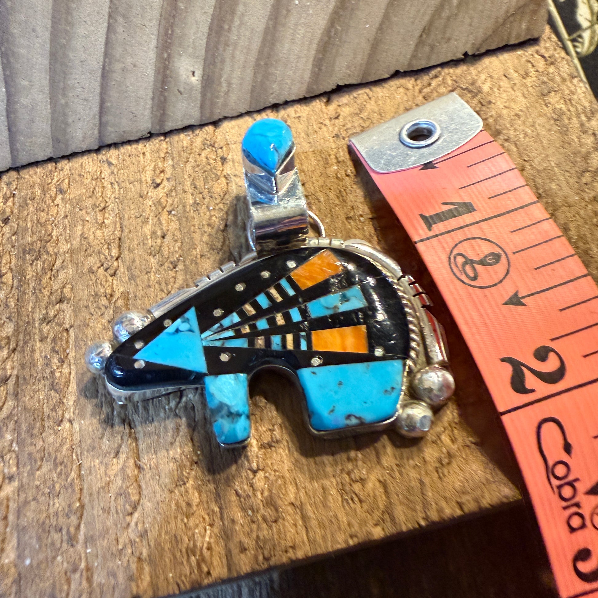 Ray Jack Signed Native Handmade Inlaid Bear Pendant, Sterling Silver Wild West Boho