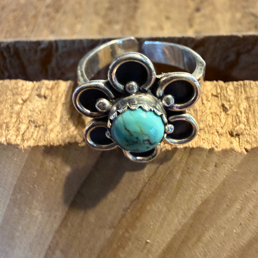 Kingman Turquoise Gemstone Floral Adjustable Ring, Sterling Silver Wild West Boho