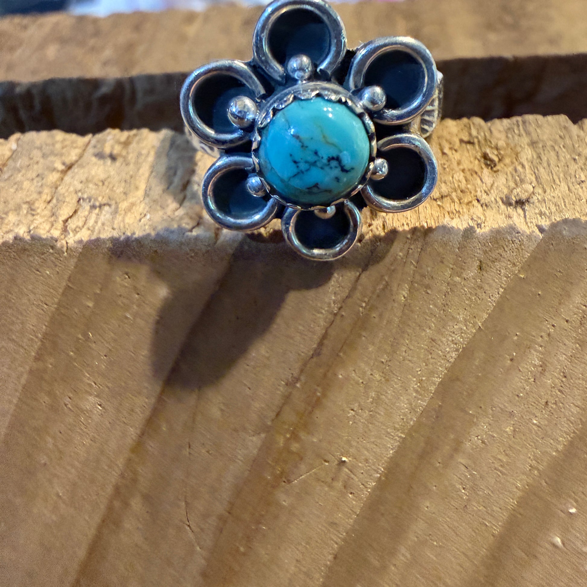 Kingman Turquoise Gemstone Floral Adjustable Ring, Sterling Silver Wild West Boho