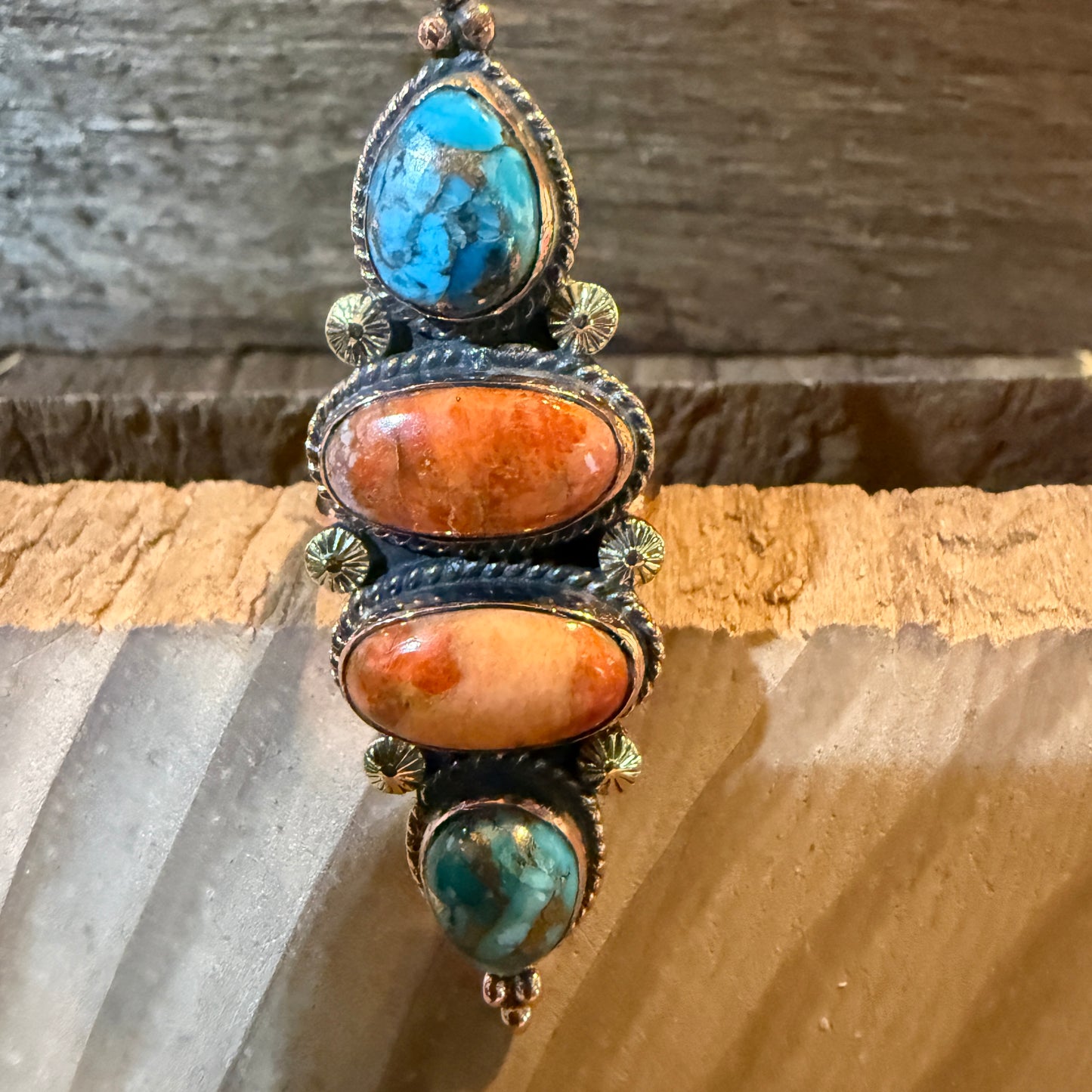 Fox Turquoise and Orange Spiny Oyster Turqoise Adjustable Ring, Copper Wild West Boho