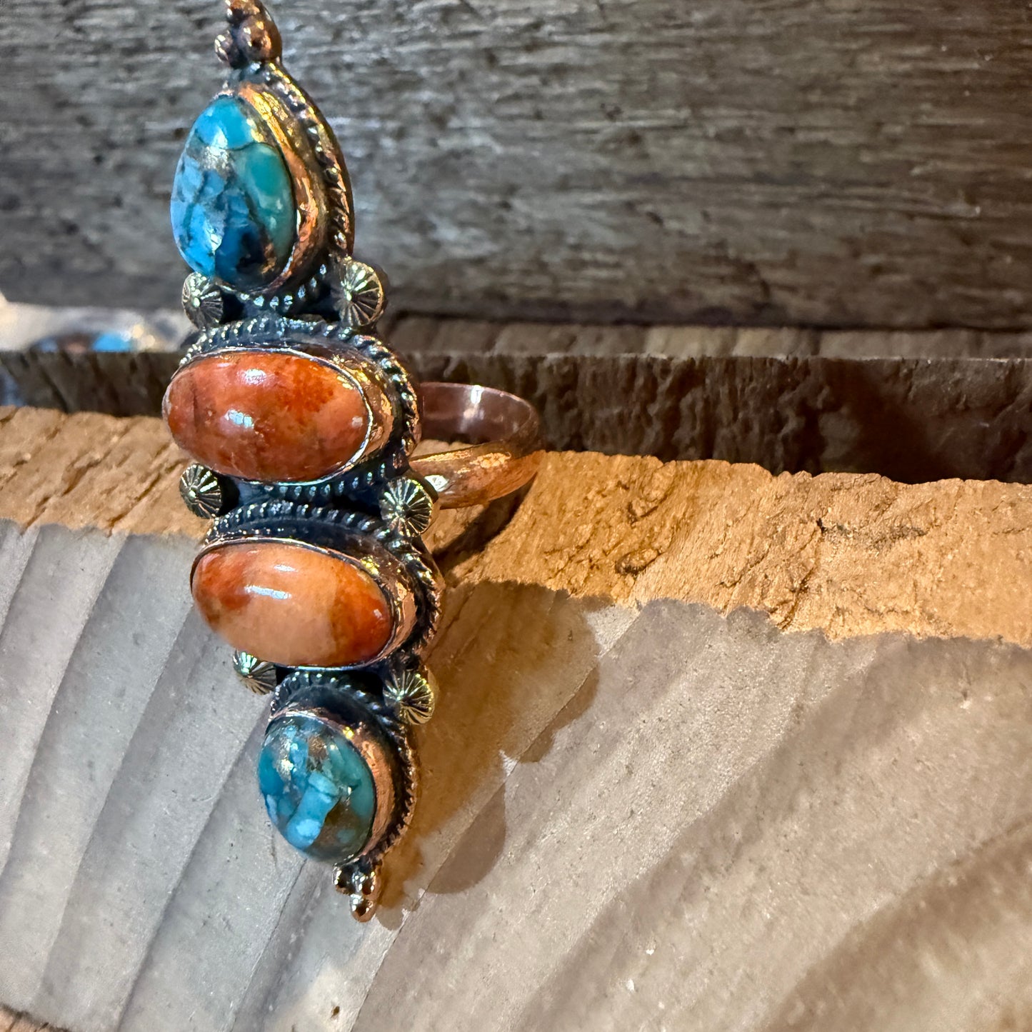 Fox Turquoise and Orange Spiny Oyster Turqoise Adjustable Ring, Copper Wild West Boho