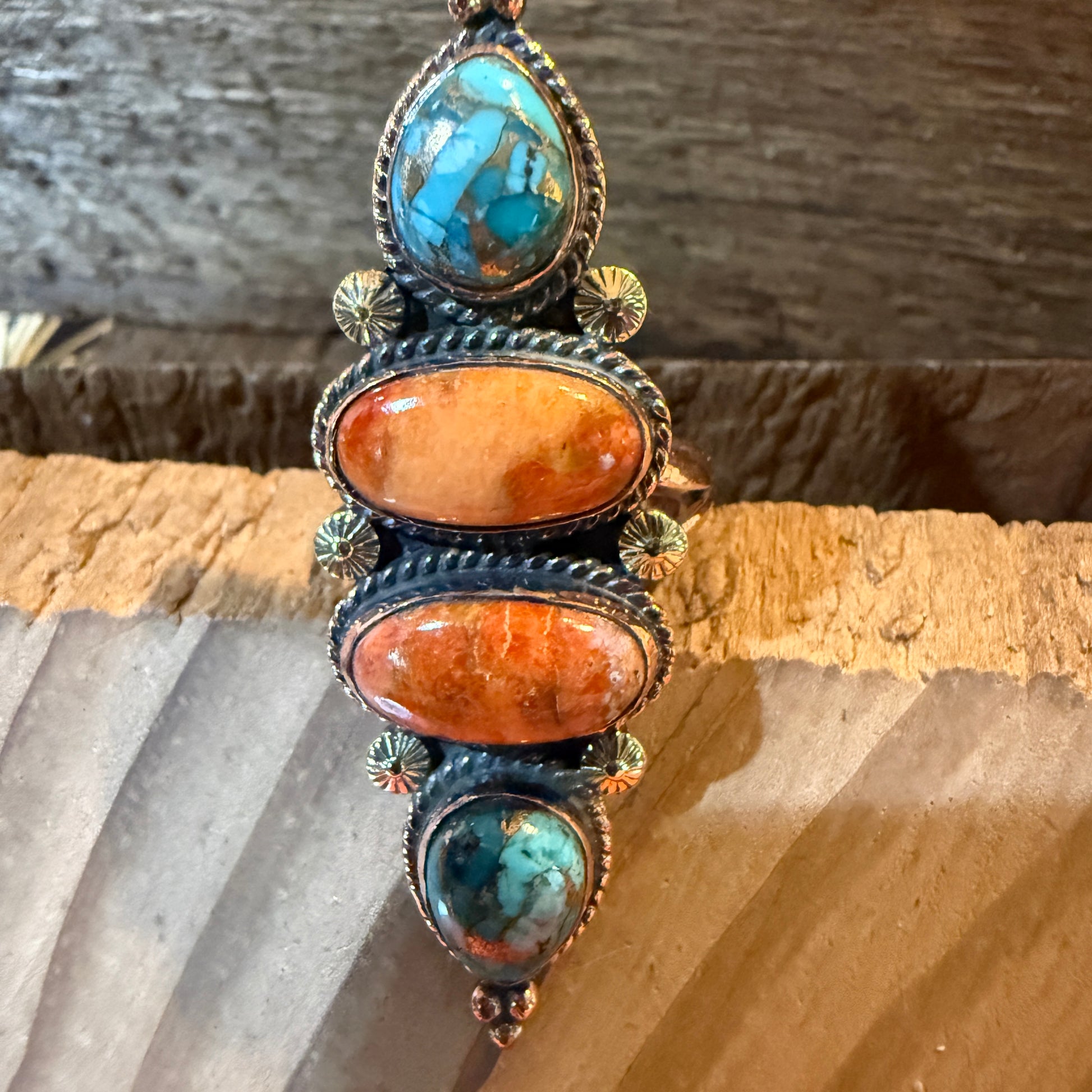 Fox Turquoise and Orange Spiny Oyster Turqoise Adjustable Ring, Copper Wild West Boho