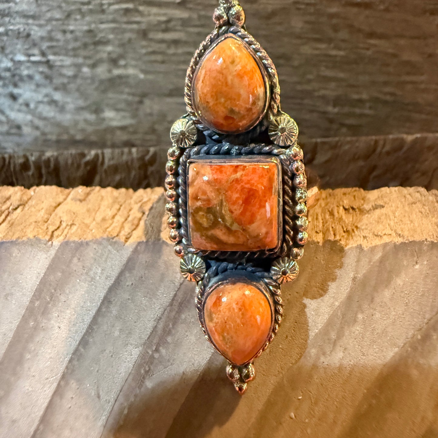 Orange Spiny Turquoise Three Stone Adjustable Ring, Copper Wild West Boho