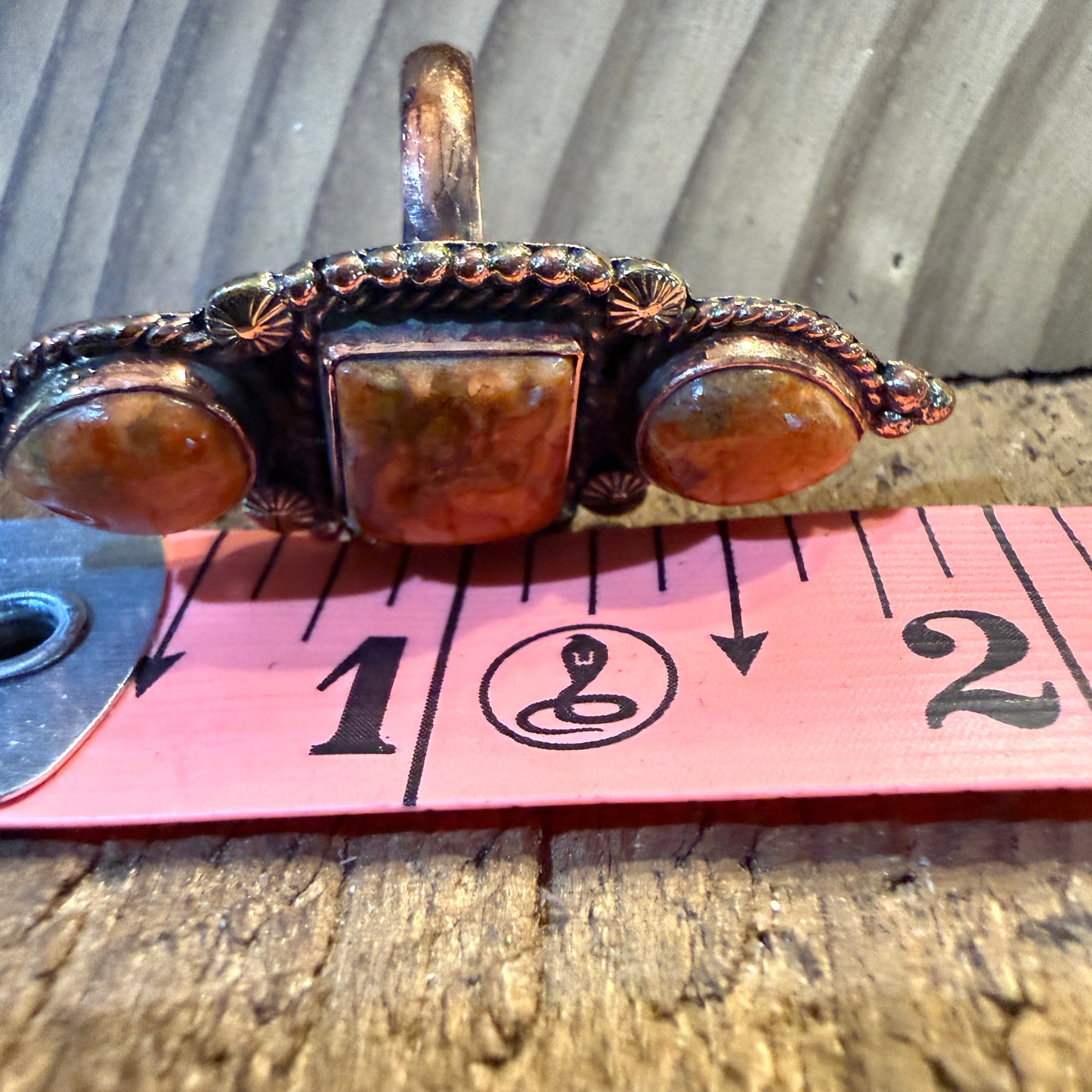 Orange Spiny Turquoise Three Stone Adjustable Ring, Copper Wild West Boho