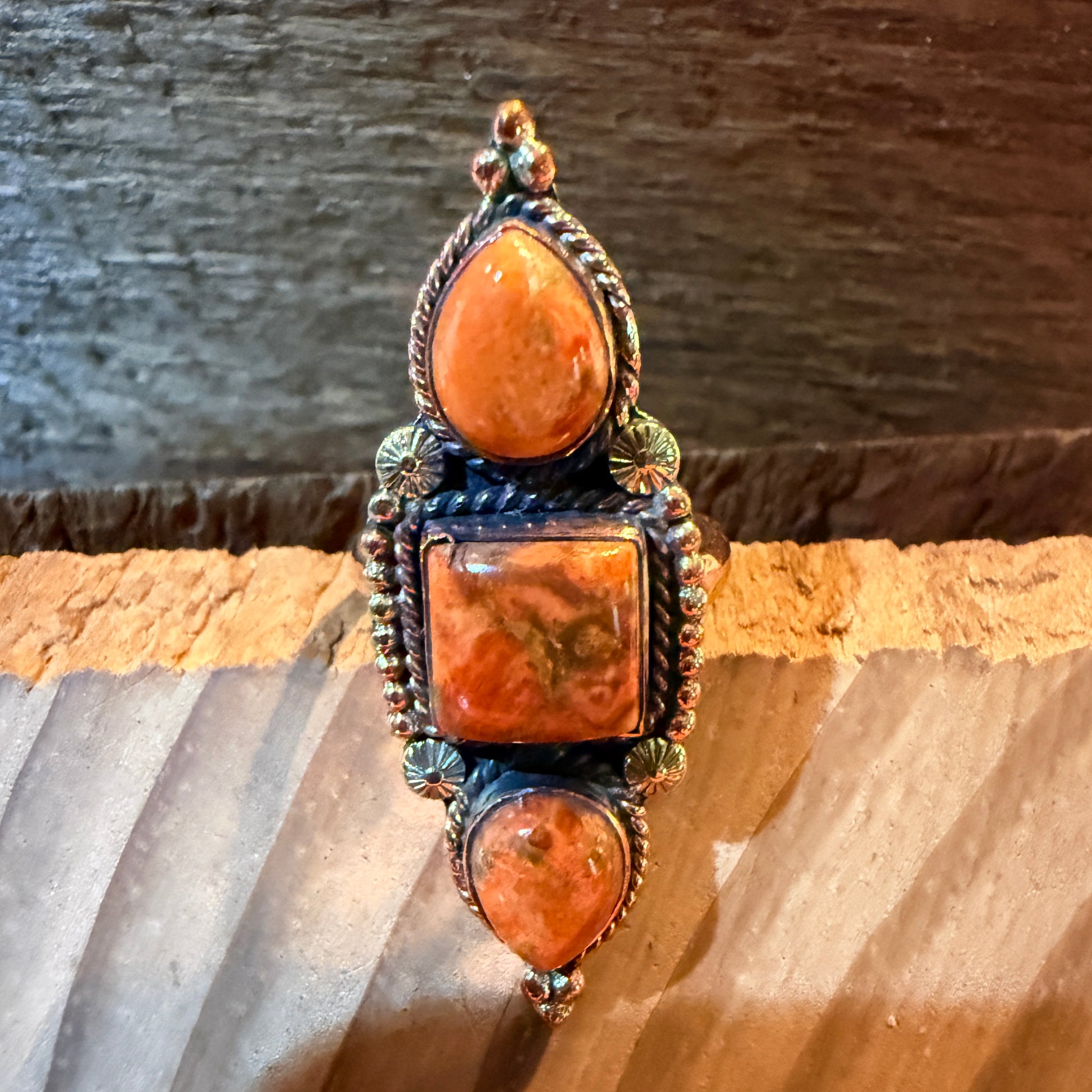 Orange Spiny Turquoise Three Stone Adjustable Ring, Copper Wild West Boho