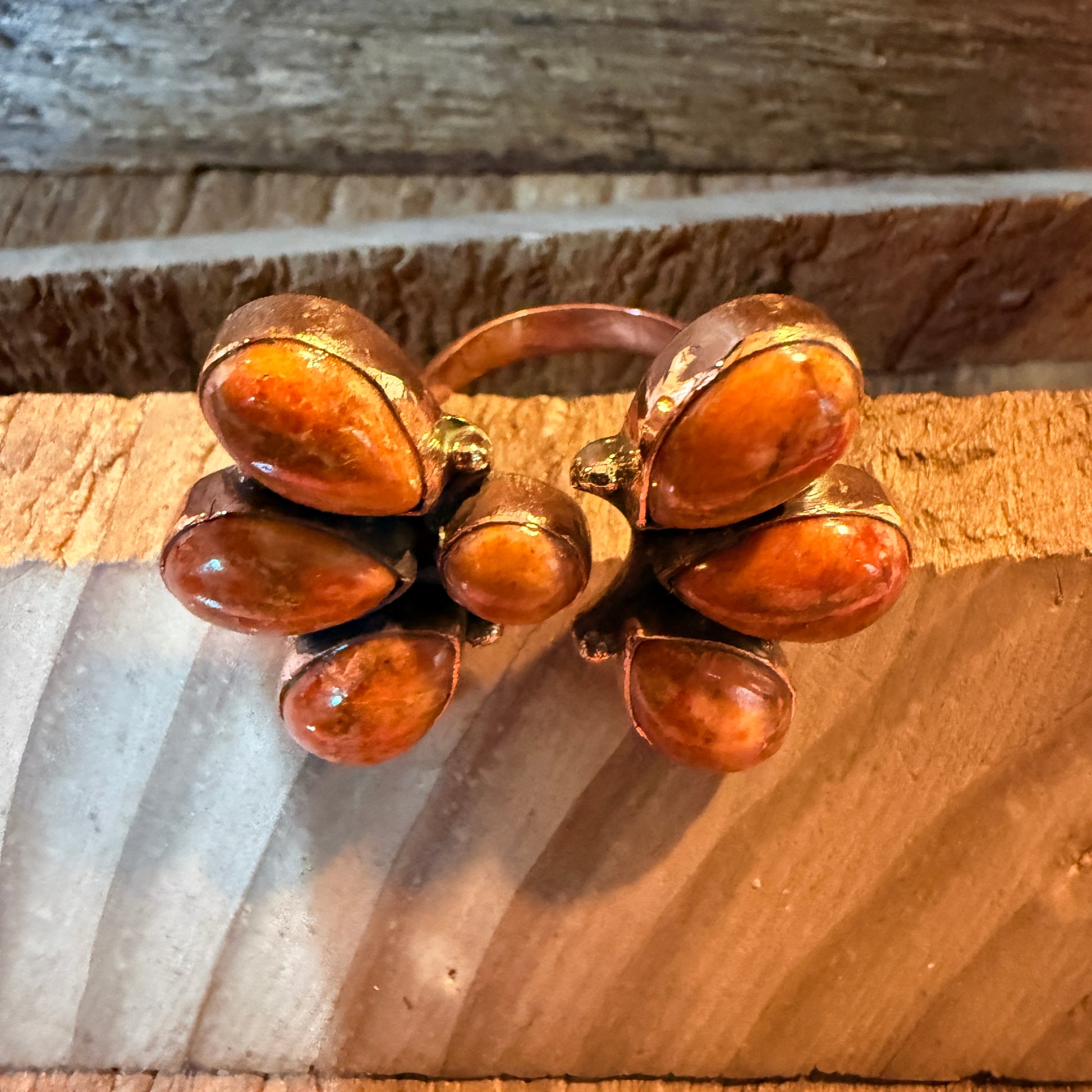 Orange Spiny Turquoise Bypass Cluster Adjustable Ring, Copper Wild West Boho