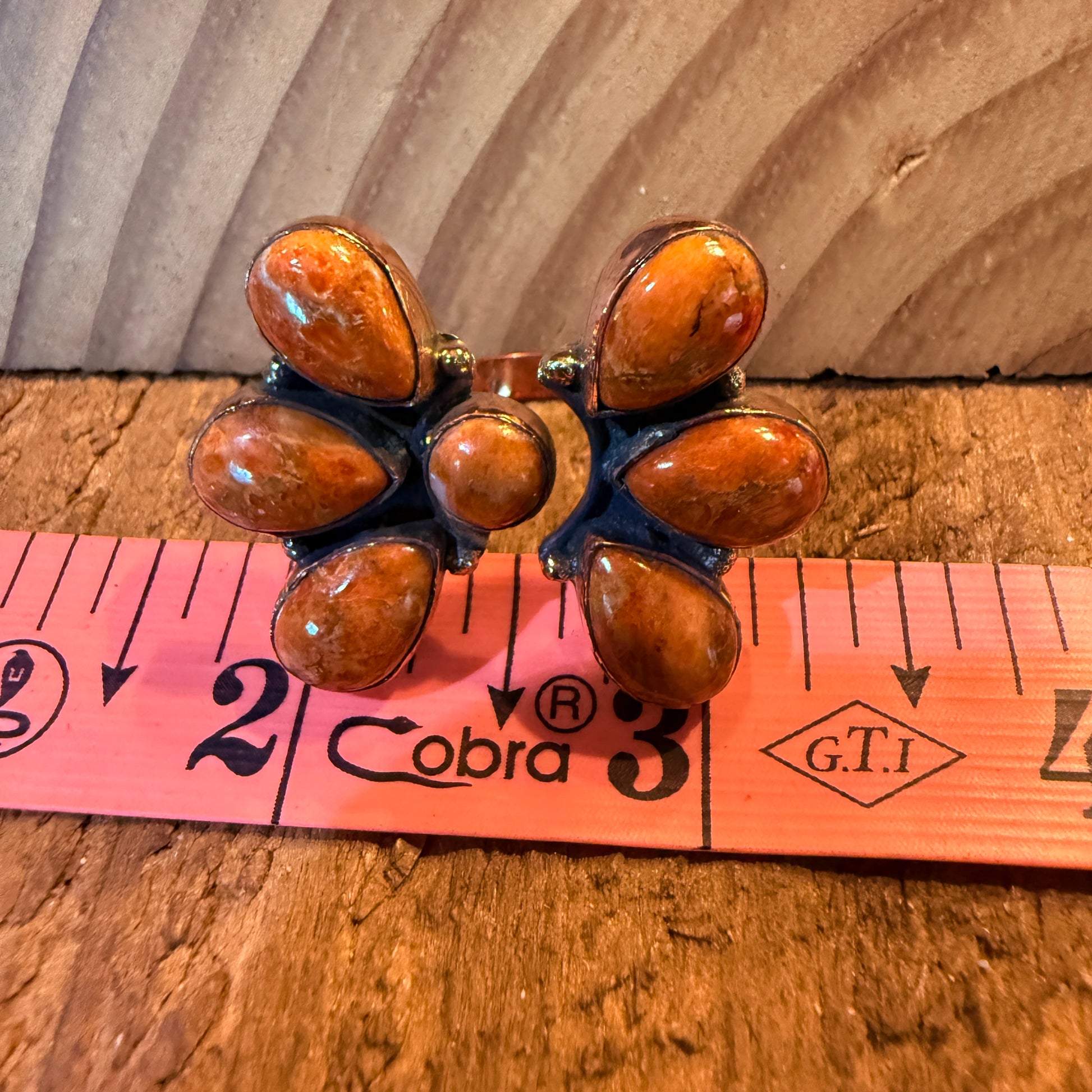 Orange Spiny Turquoise Bypass Cluster Adjustable Ring, Copper Wild West Boho