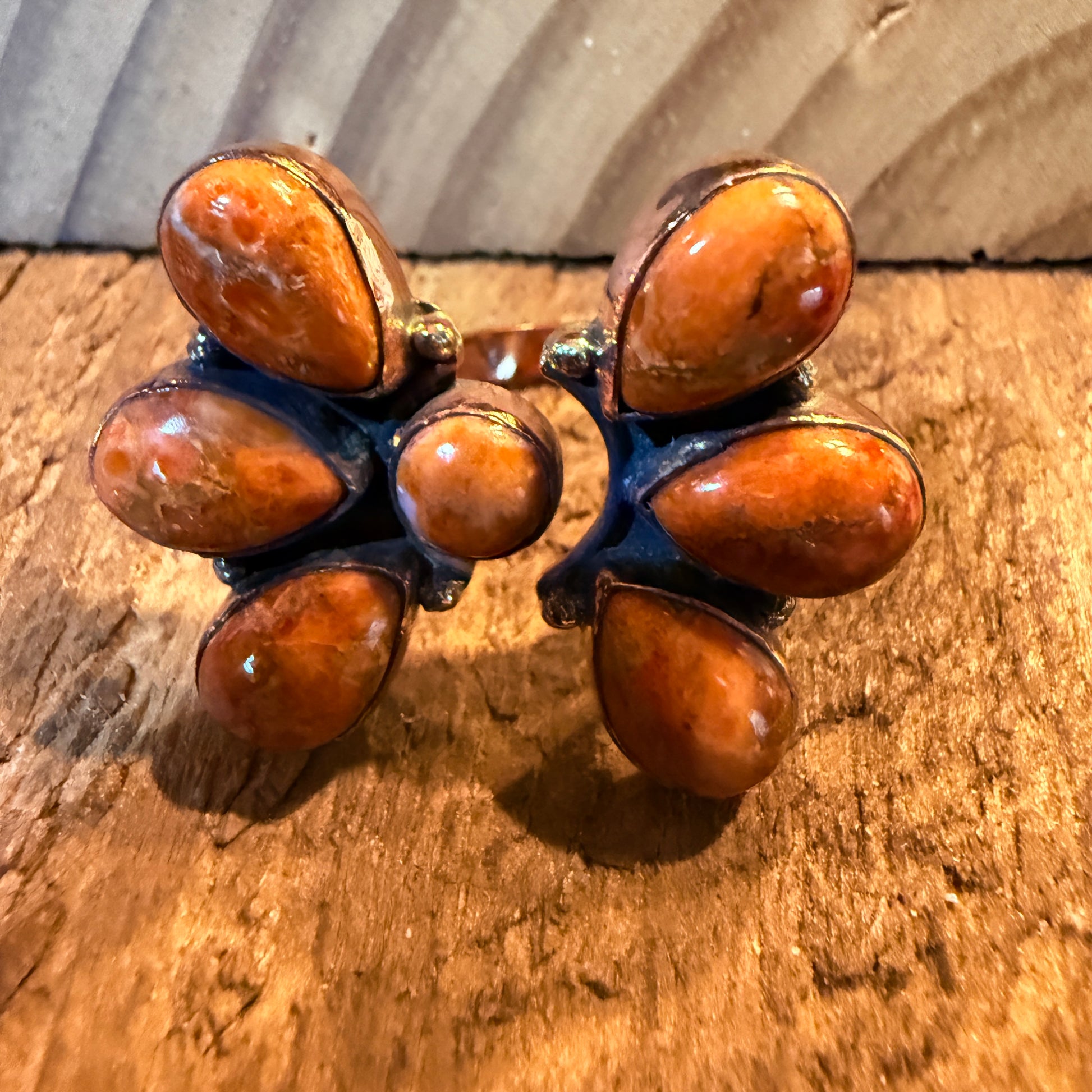 Orange Spiny Turquoise Bypass Cluster Adjustable Ring, Copper Wild West Boho