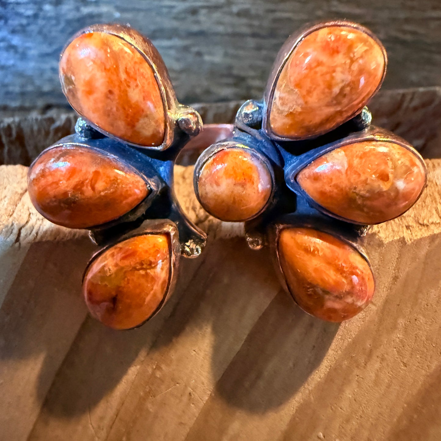 Orange Spiny Turquoise Bypass Cluster Adjustable Ring, Copper Wild West Boho