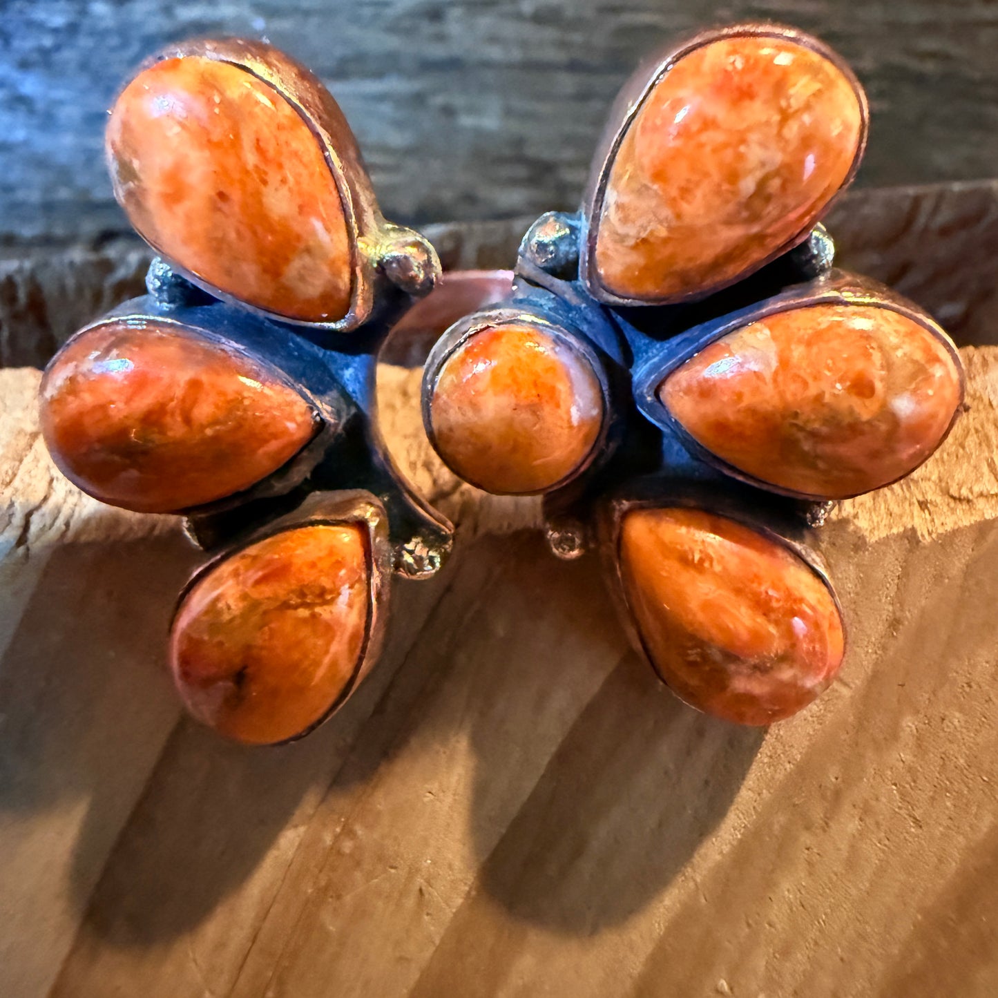 Orange Spiny Turquoise Bypass Cluster Adjustable Ring, Copper Wild West Boho