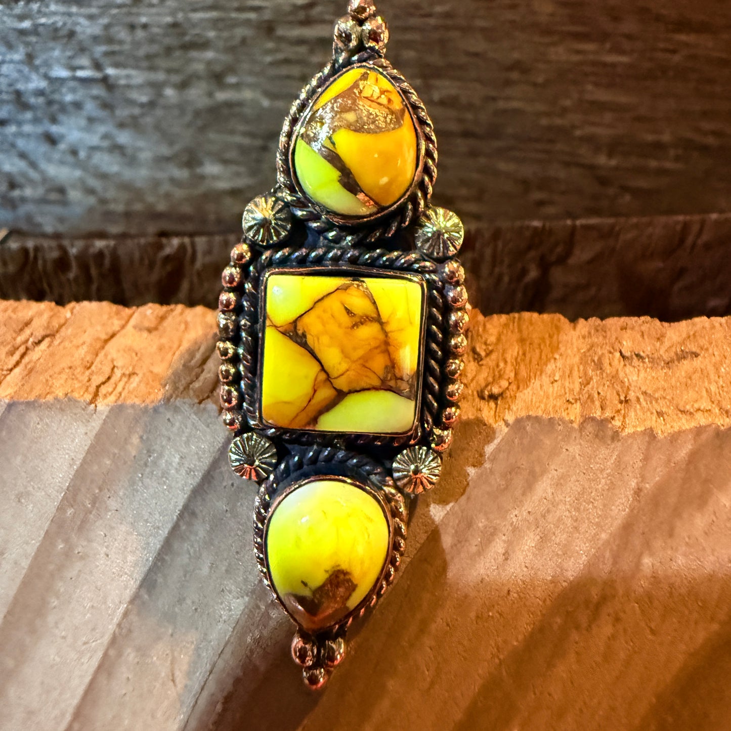 Golden Yellow Dahlia Three Stone Adjustable Ring in Copper Wild West Boho