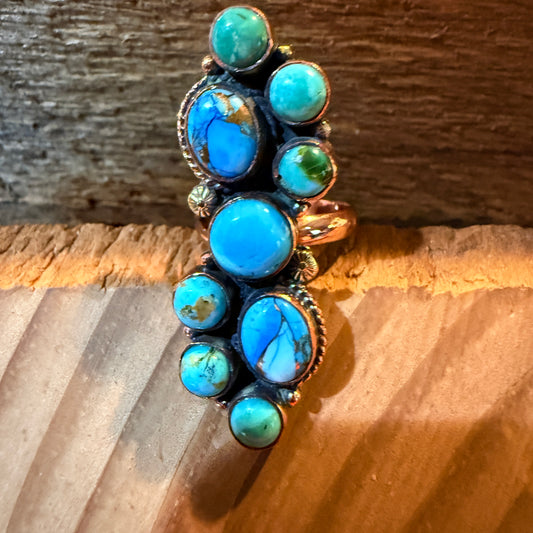 Blue turquoise Dahlia Gemstones Cluster Adjustable Ring in Copper Wild West Boho