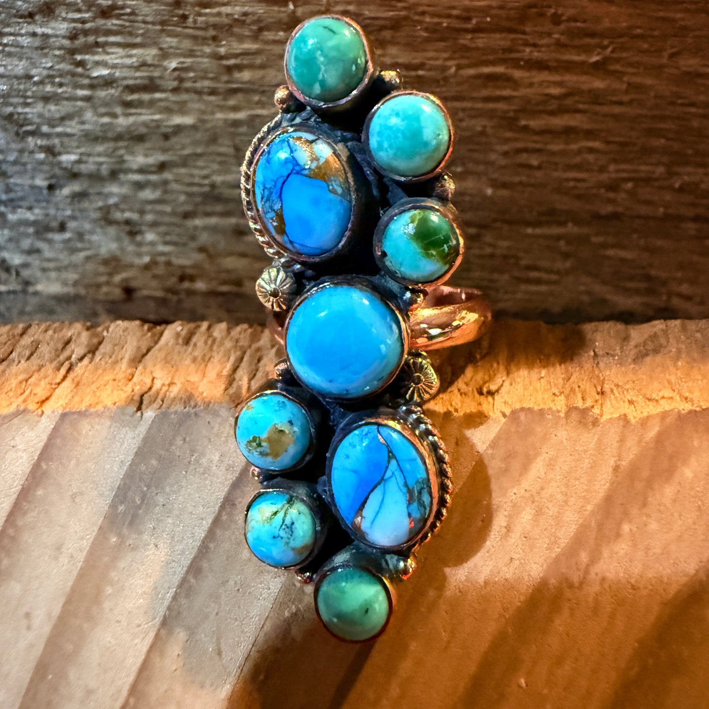 Blue turquoise Dahlia Gemstones Cluster Adjustable Ring in Copper Wild West Boho