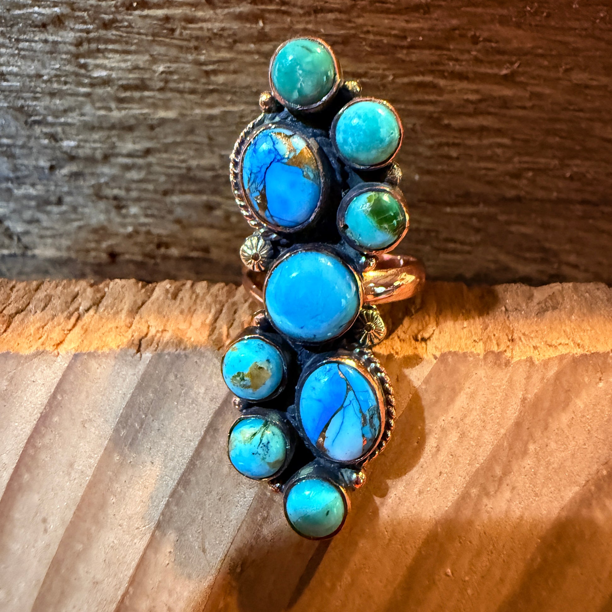 Blue turquoise Dahlia Gemstones Cluster Adjustable Ring in Copper Wild West Boho