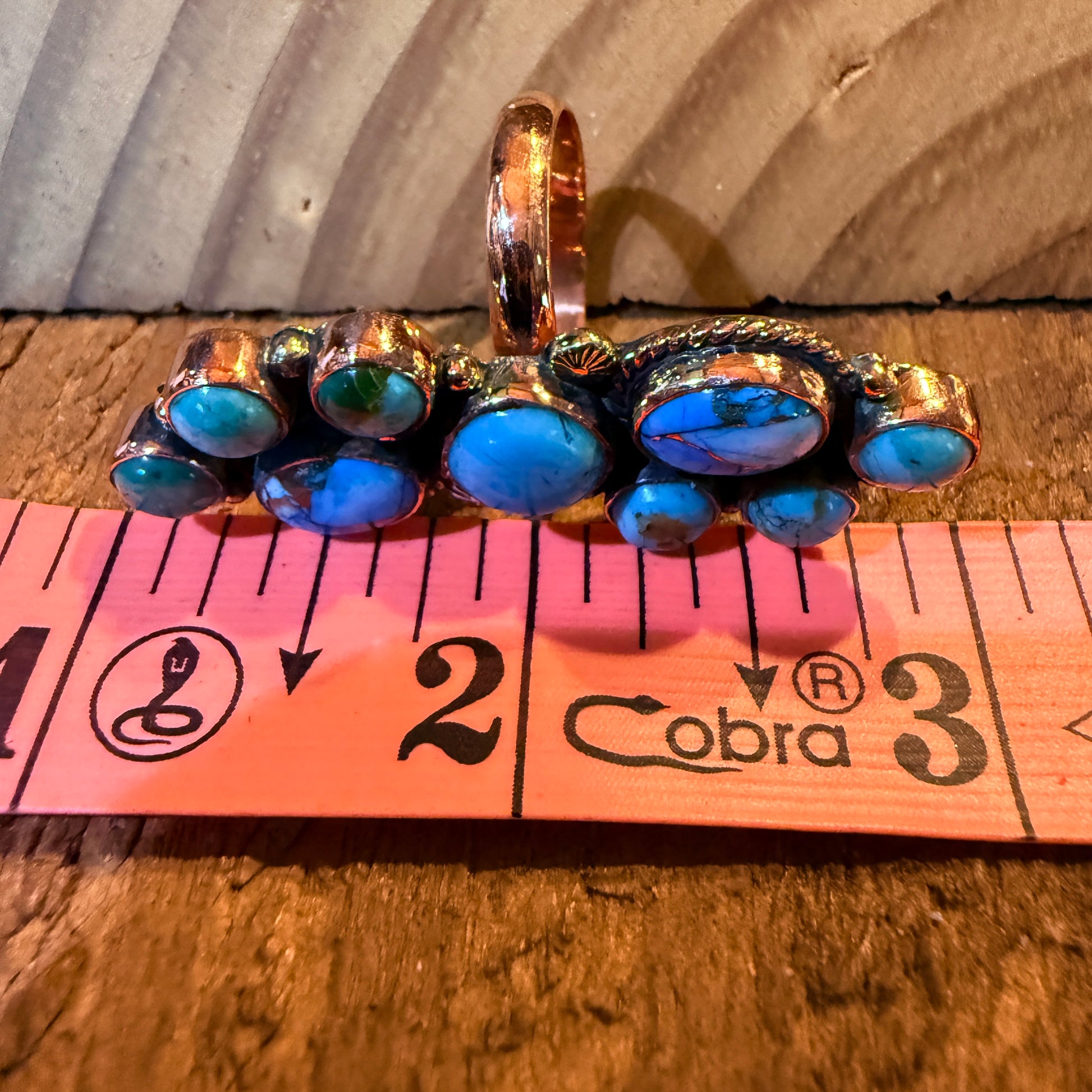 Blue turquoise Dahlia Gemstones Cluster Adjustable Ring in Copper Wild West Boho