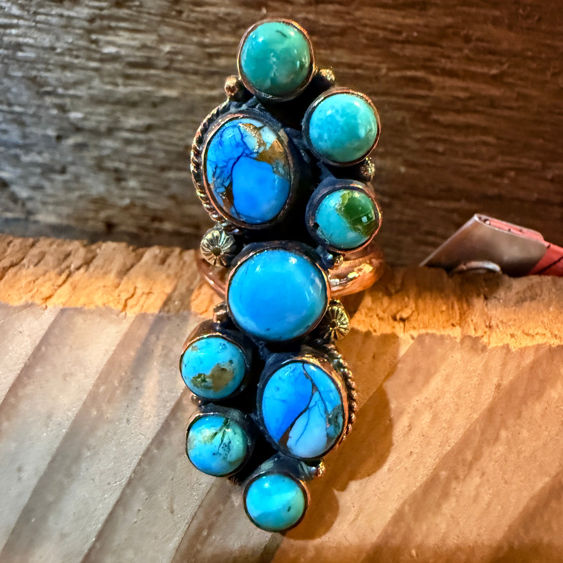 Blue turquoise Dahlia Gemstones Cluster Adjustable Ring in Copper Wild West Boho