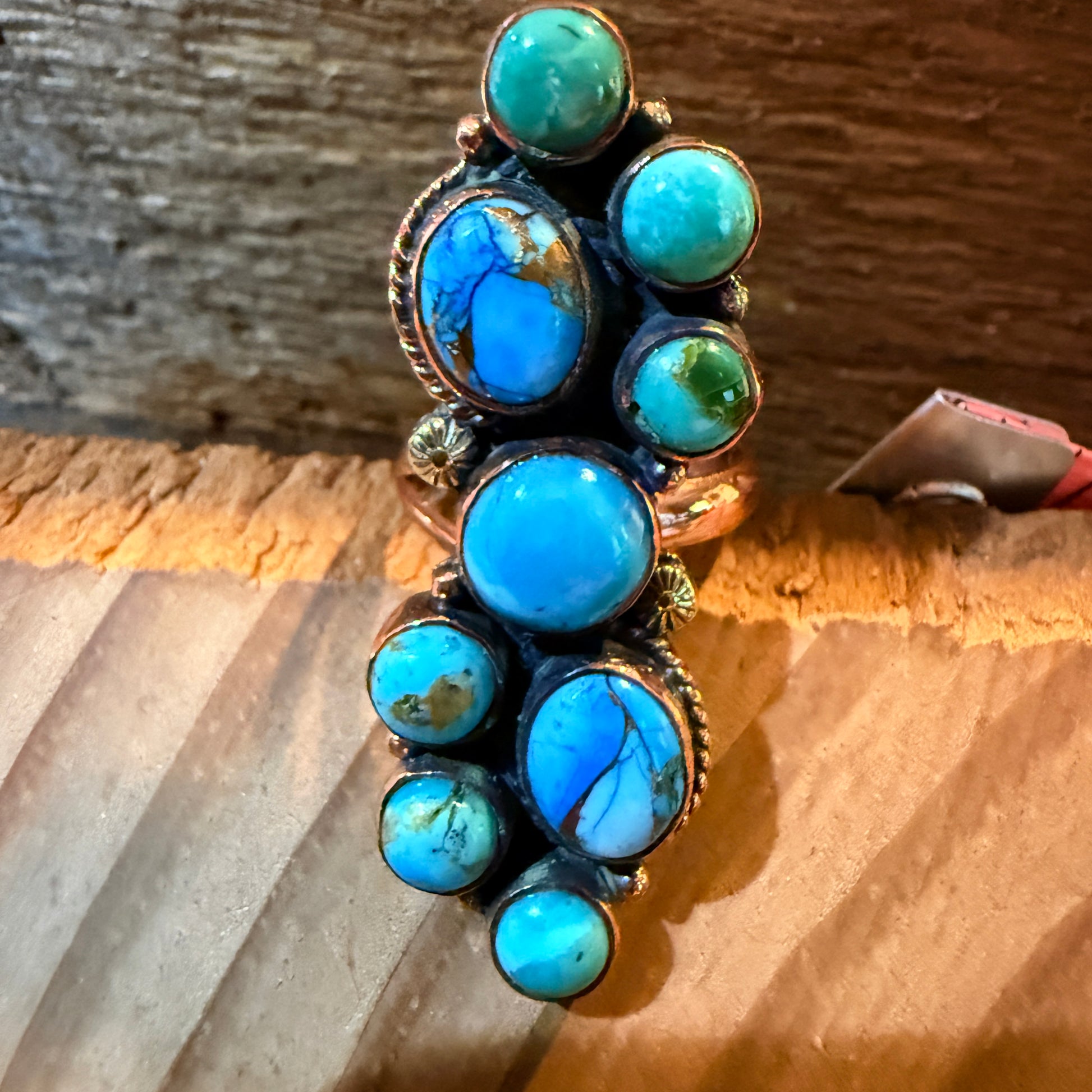 Blue turquoise Dahlia Gemstones Cluster Adjustable Ring in Copper Wild West Boho