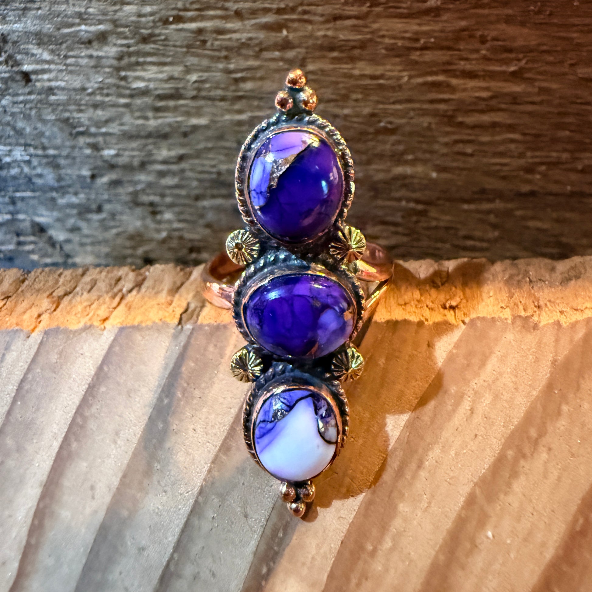 Purple Spiny Oyster Three Stone Adjustable Ring in Copper Wild West Boho