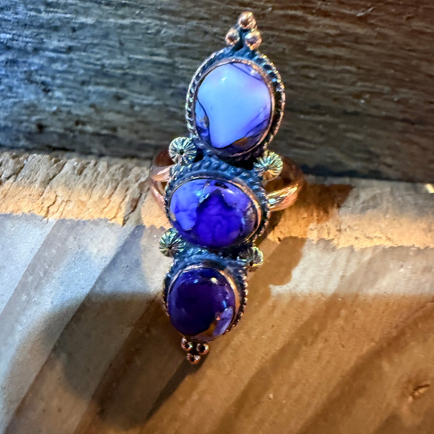 Purple Spiny Oyster Three Stone Adjustable Ring in Copper Wild West Boho