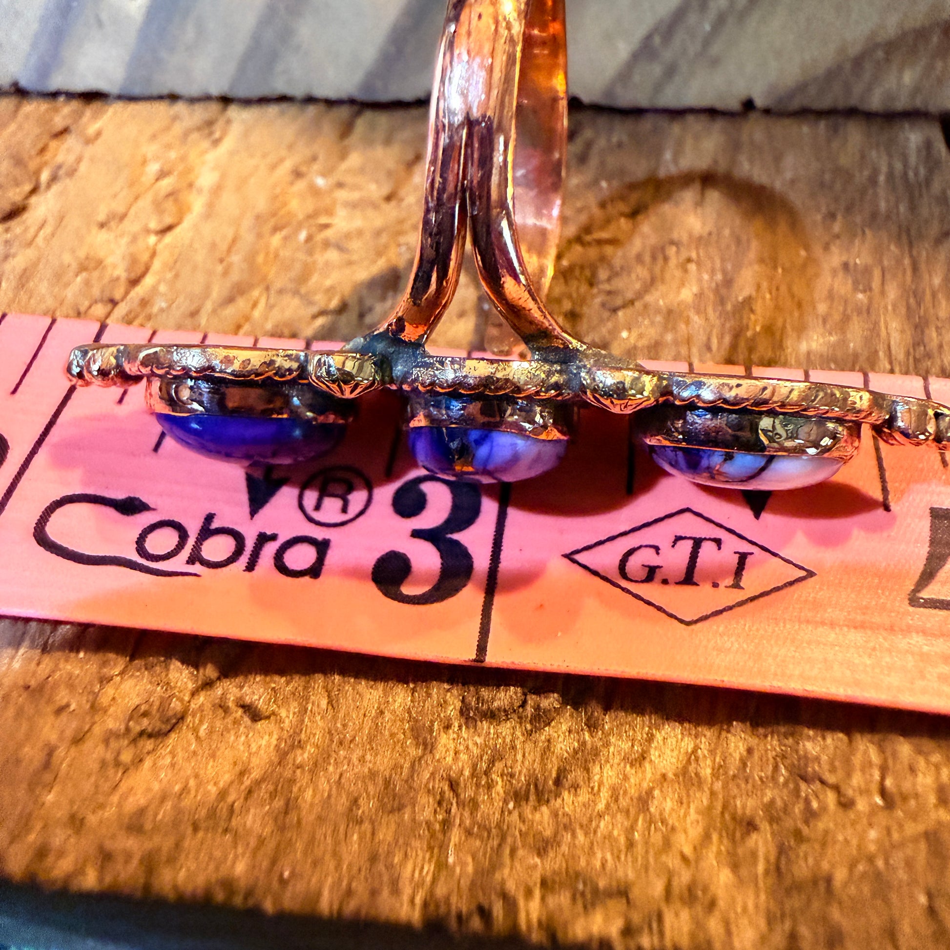 Purple Spiny Oyster Three Stone Adjustable Ring in Copper Wild West Boho