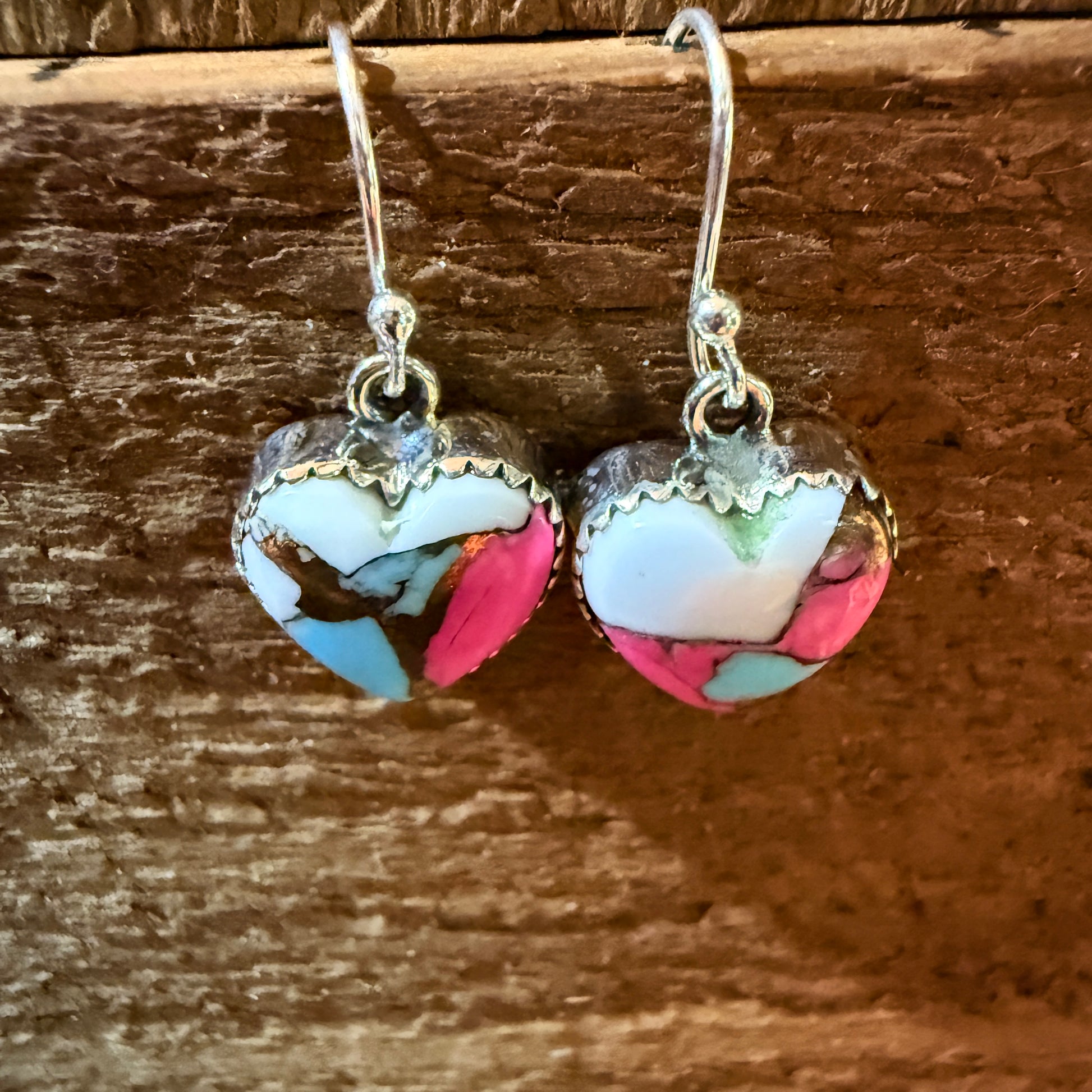 Cotton Candy Turquoise Dahlia Heart Wire Drop Earrings, Sterling Silver Wild West Boho