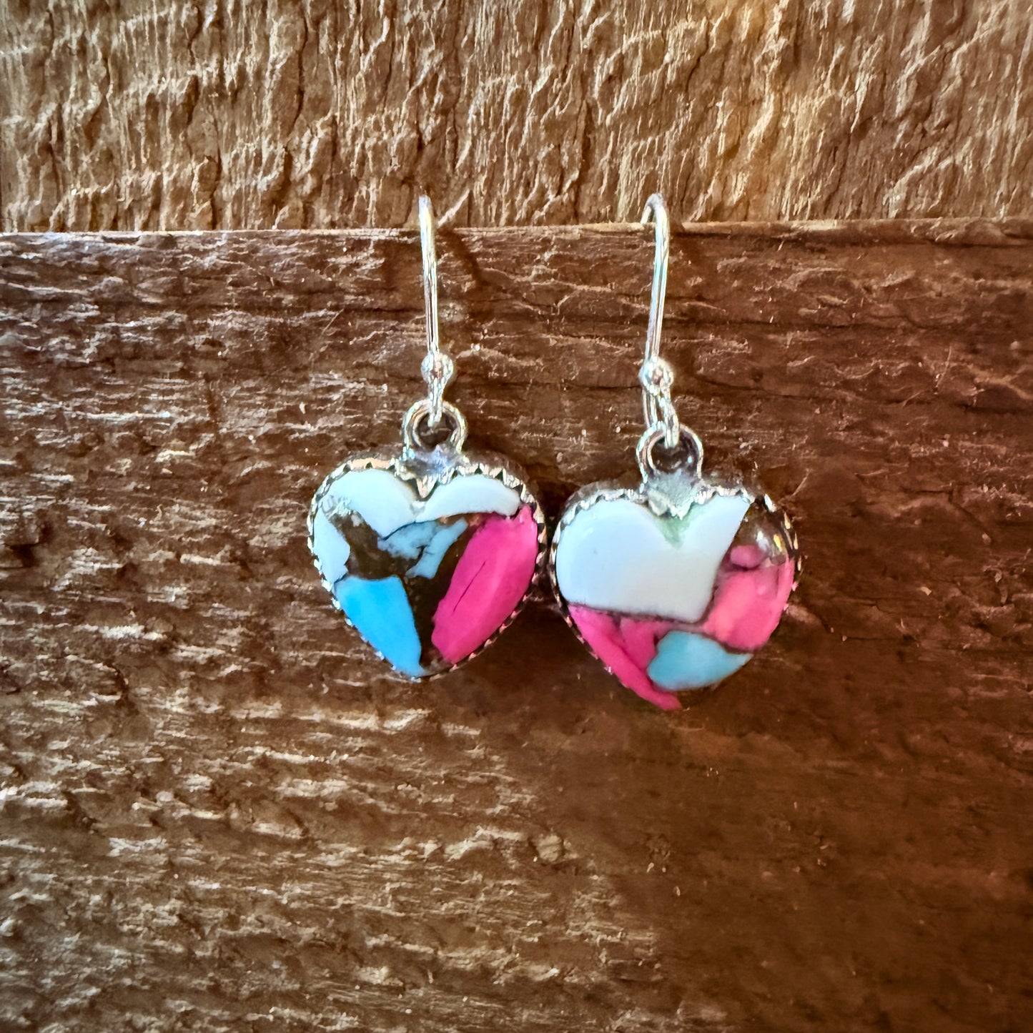 Cotton Candy Turquoise Dahlia Heart Wire Drop Earrings, Sterling Silver Wild West Boho