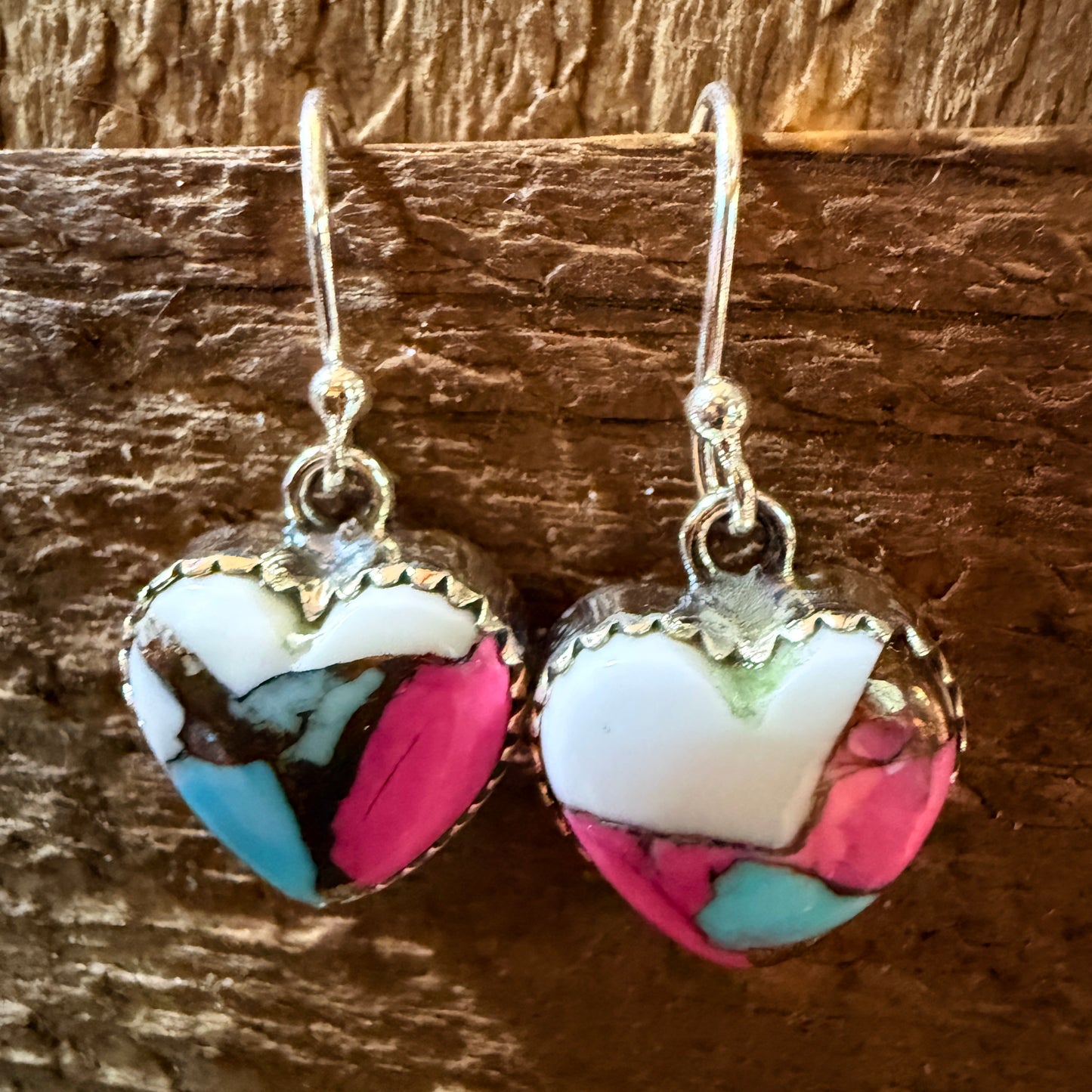 Cotton Candy Turquoise Dahlia Heart Wire Drop Earrings, Sterling Silver Wild West Boho