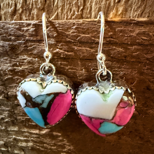 Cotton Candy Turquoise Dahlia Heart Wire Drop Earrings, Sterling Silver Wild West Boho