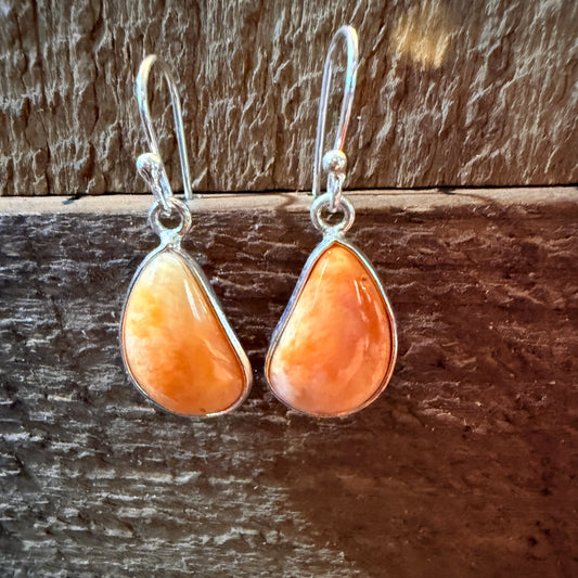 Orange Spiny Oyster Open Back Wire Dangle Earring, Sterling Silver Wild West Boho