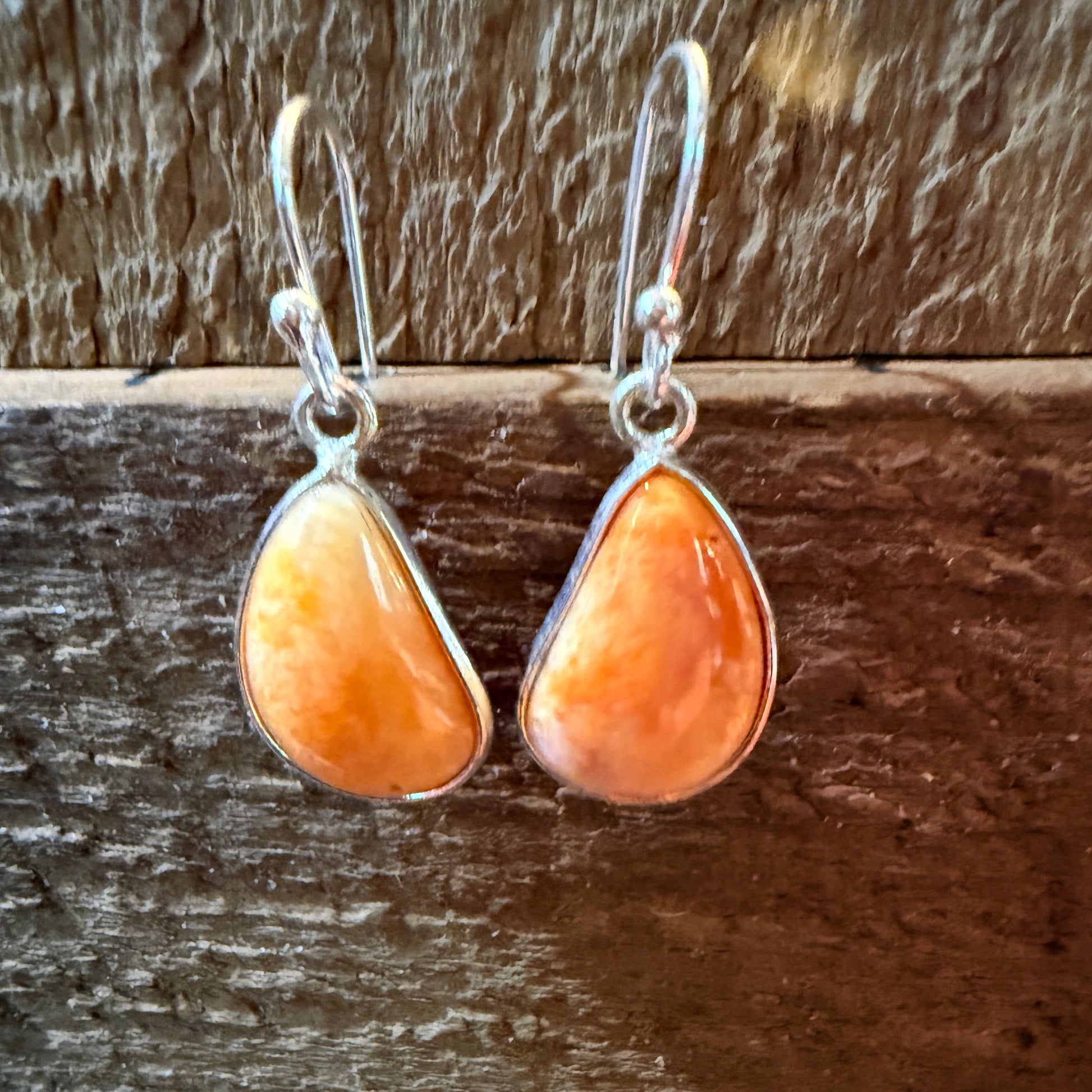 Orange Spiny Oyster Open Back Wire Dangle Earring, Sterling Silver Wild West Boho