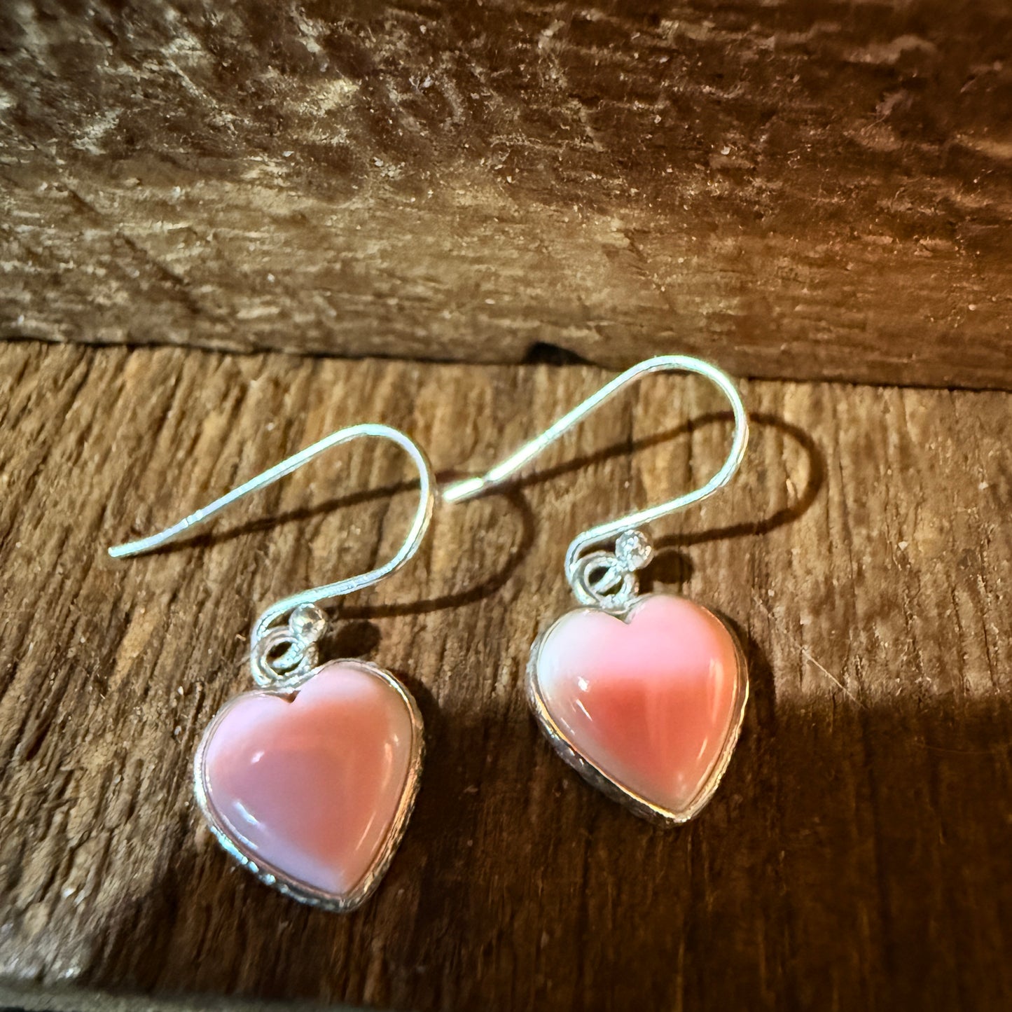 Pink Conch Open Back Wire Drop Heart Earrings, Sterling Silver Wild West Boho