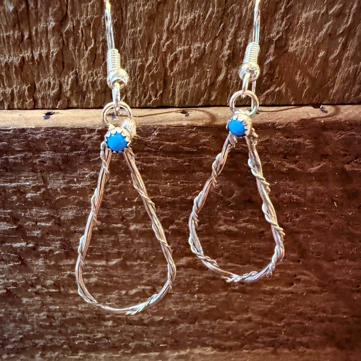 Turquoise Tiny Stone Hoop Wire Drop Earrings, Sterling Silver Wild West Boho