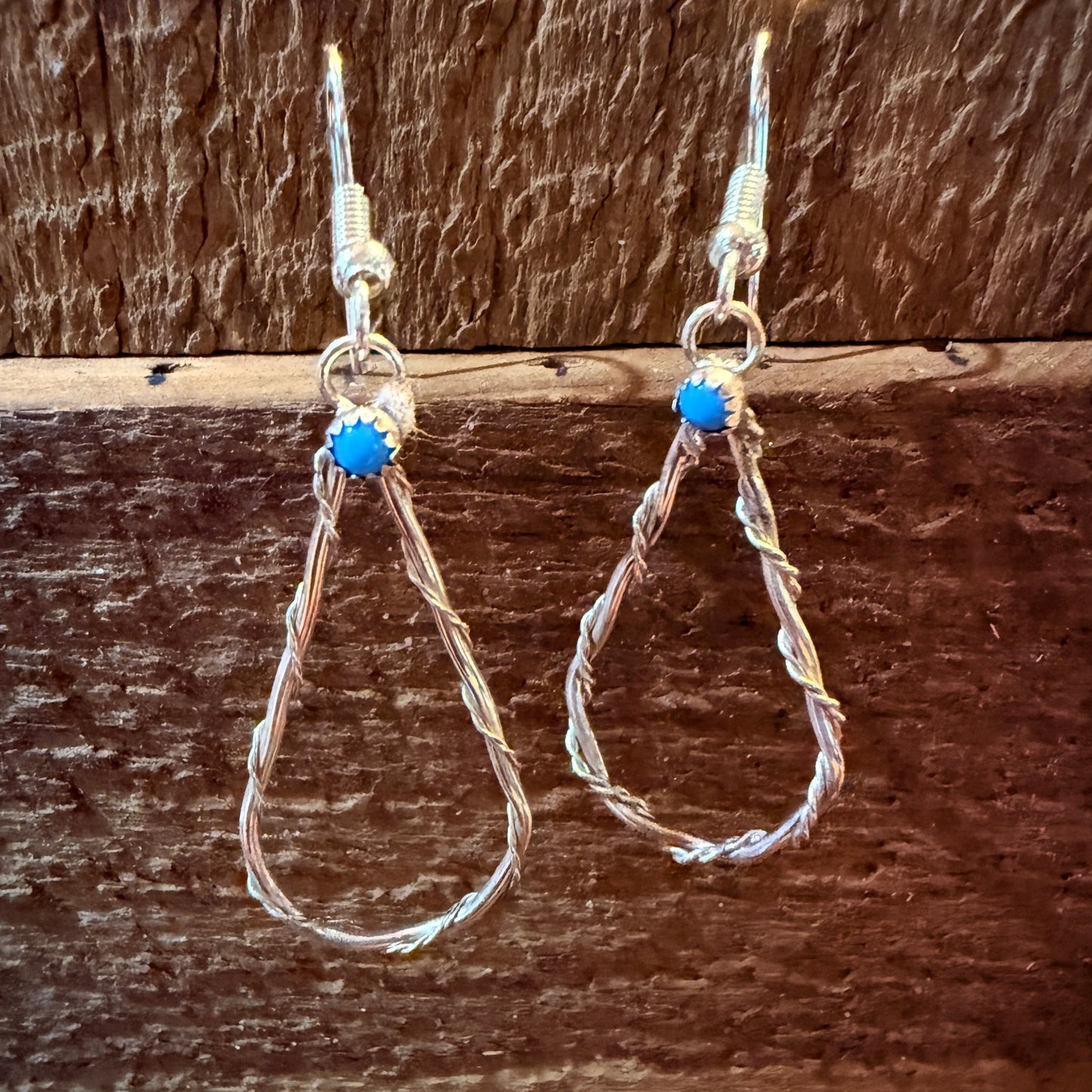 Turquoise Tiny Stone Hoop Wire Drop Earrings, Sterling Silver Wild West Boho