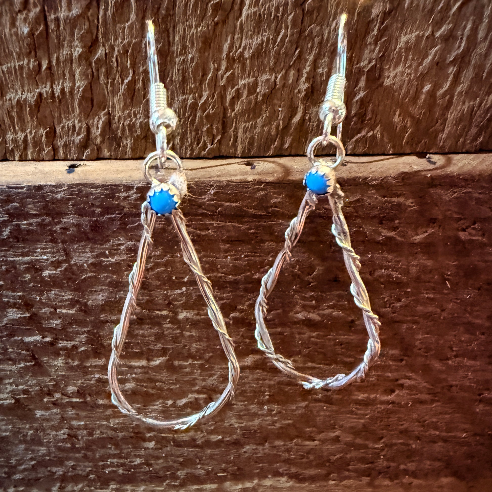 Turquoise Tiny Stone Hoop Wire Drop Earrings, Sterling Silver Wild West Boho