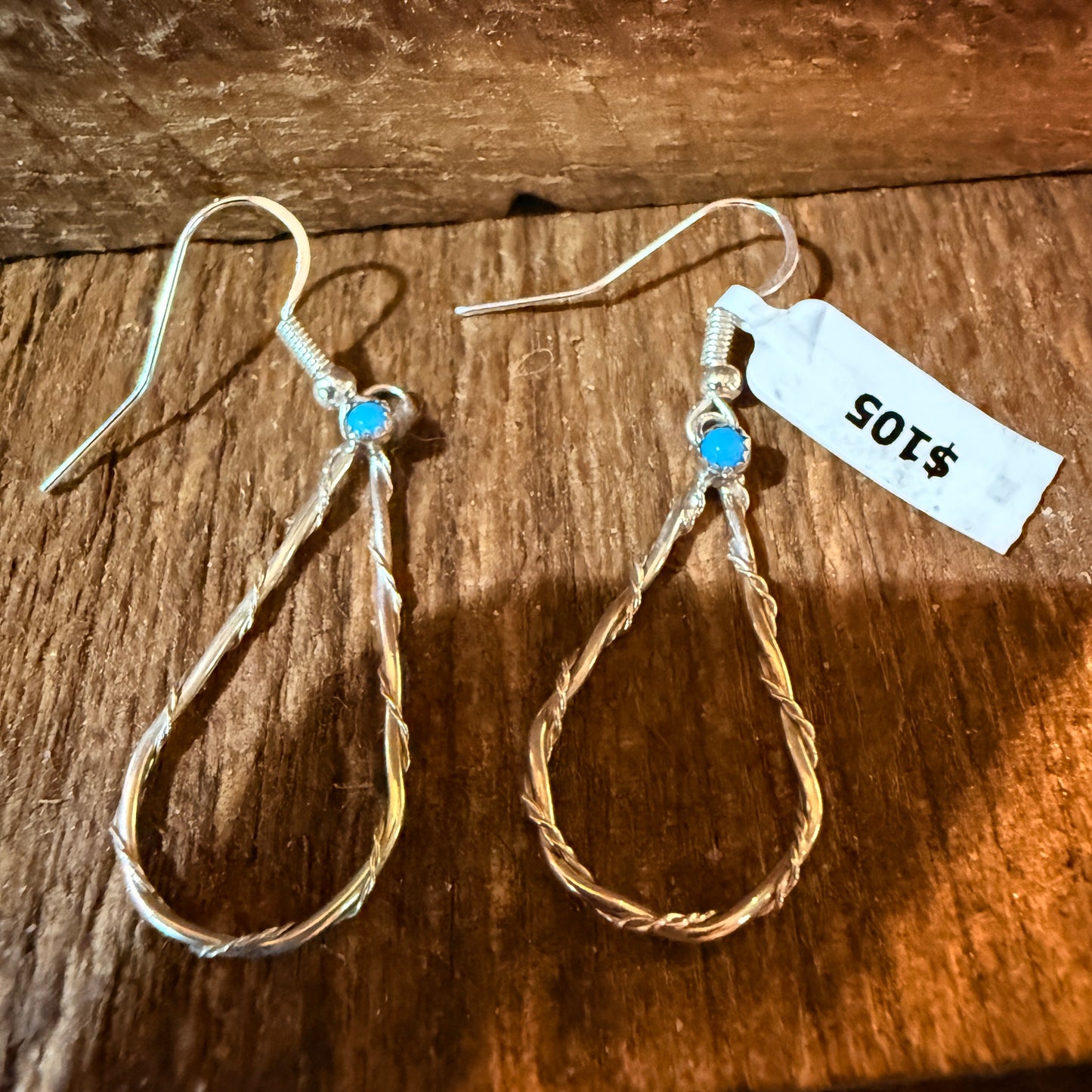 Turquoise Tiny Stone Hoop Wire Drop Earrings, Sterling Silver Wild West Boho