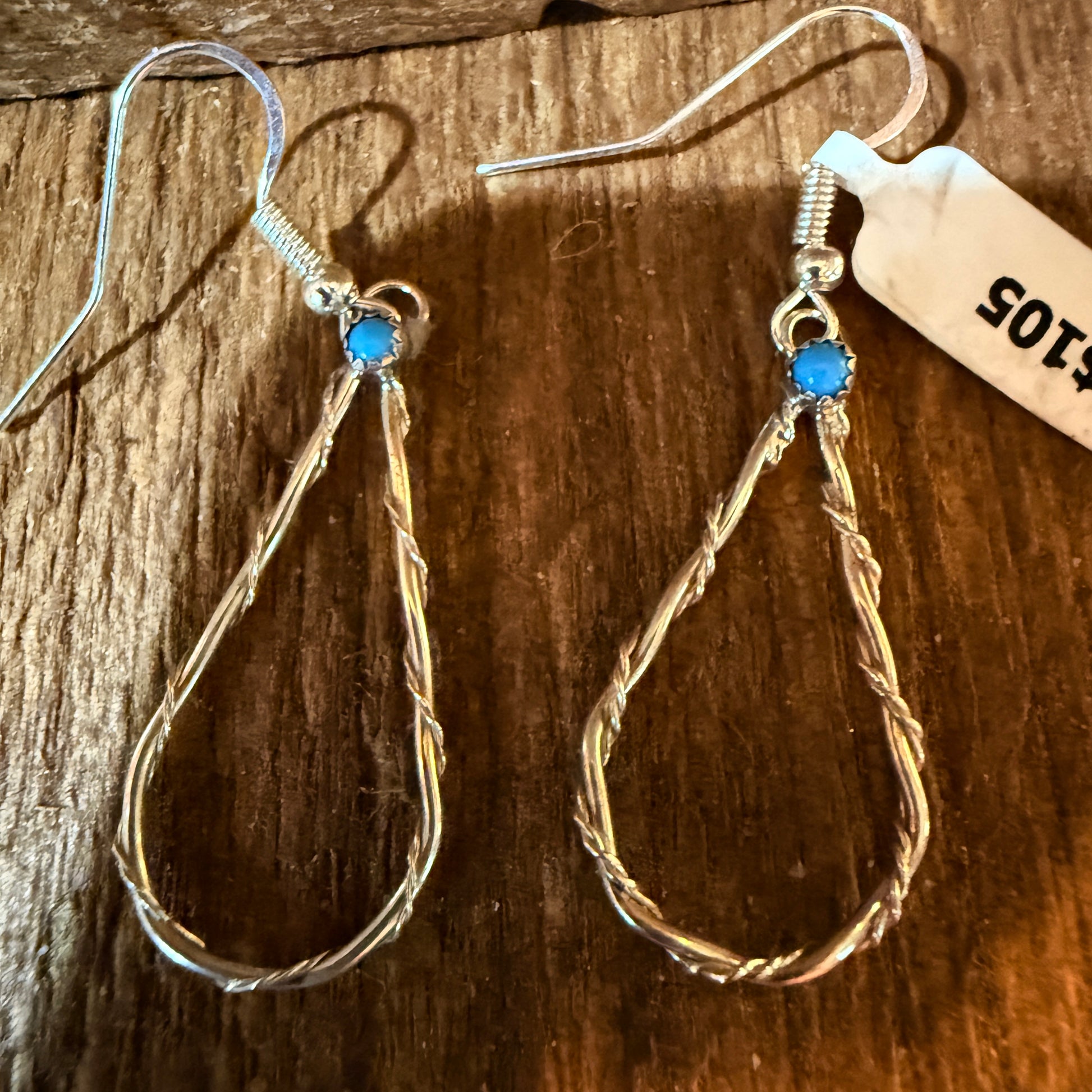 Turquoise Tiny Stone Hoop Wire Drop Earrings, Sterling Silver Wild West Boho