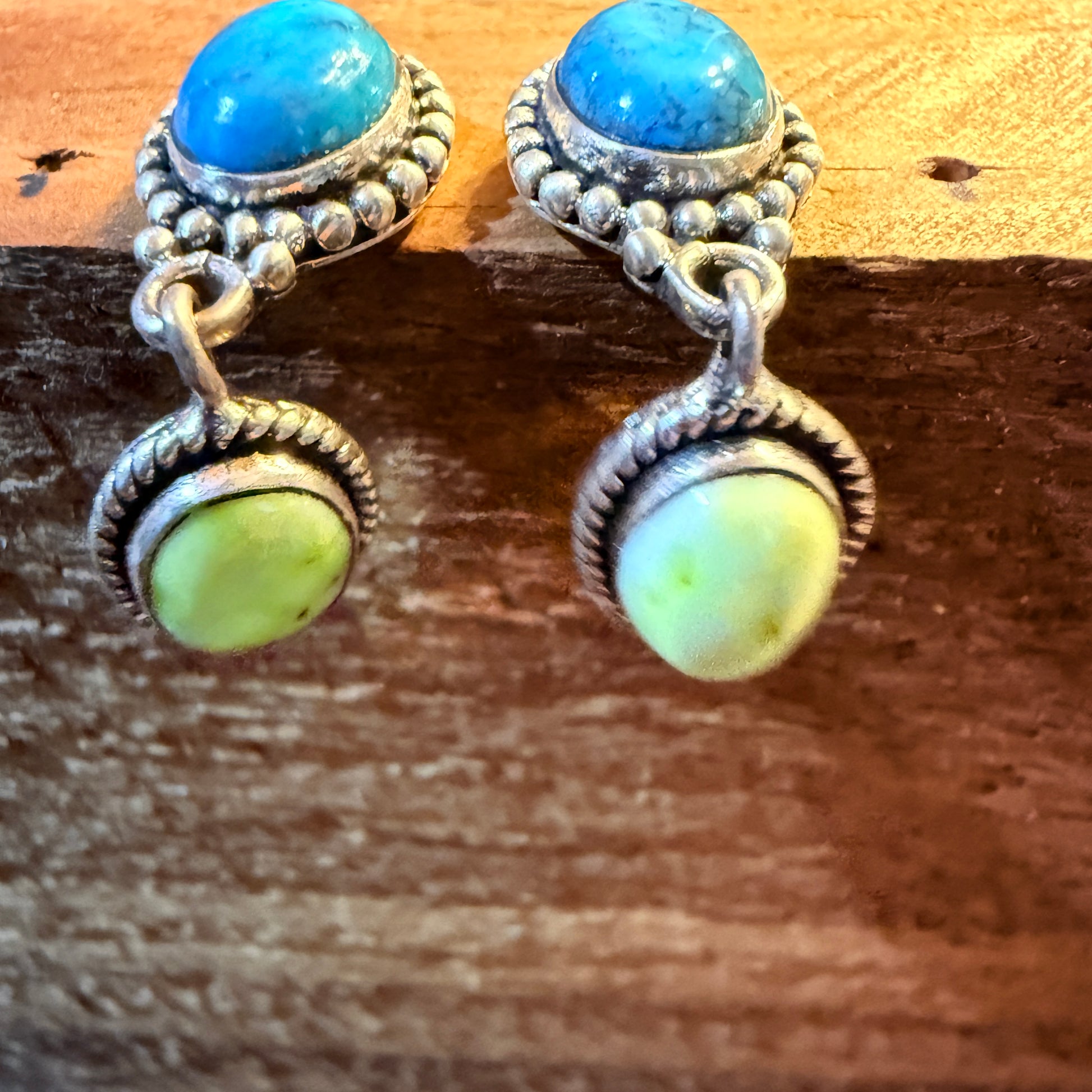 Kingman Turquoise and Palomino Gemstone Drop Earring Studs, Sterling Silver Wild West Boho