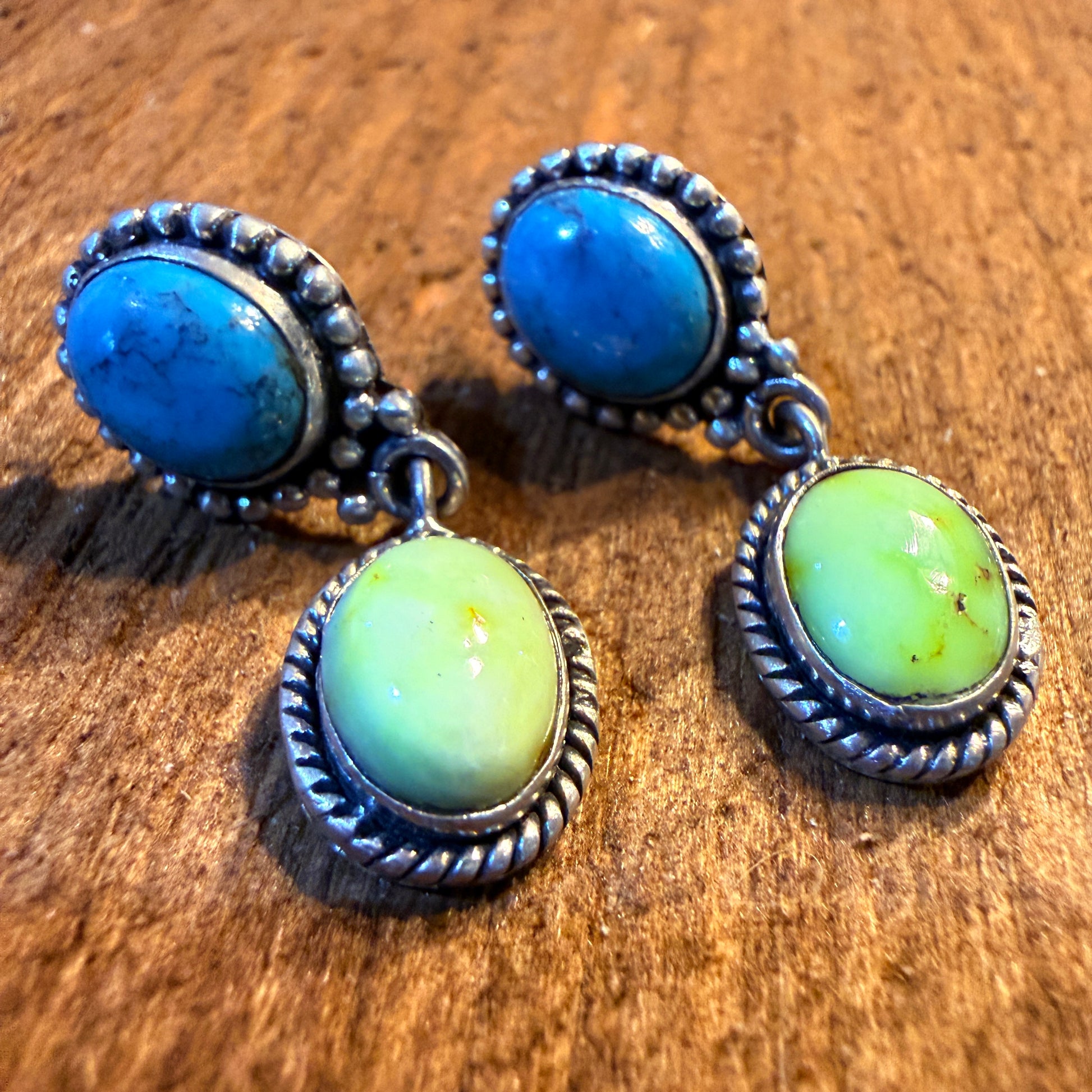 Kingman Turquoise and Palomino Gemstone Drop Earring Studs, Sterling Silver Wild West Boho