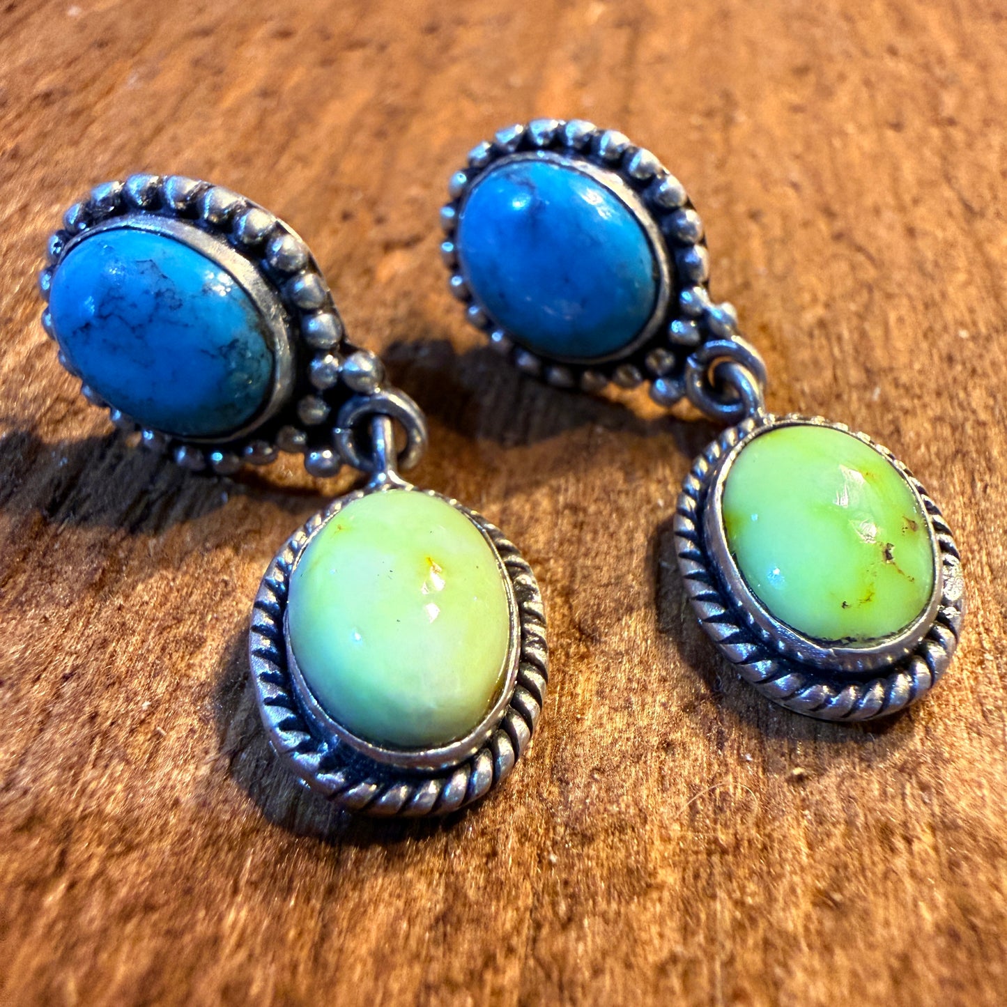 Kingman Turquoise and Palomino Gemstone Drop Earring Studs, Sterling Silver Wild West Boho