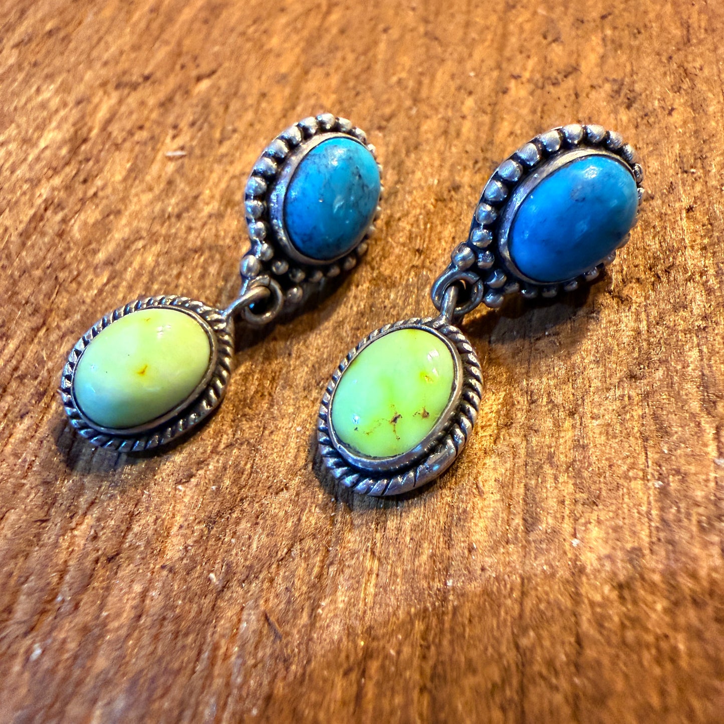 Kingman Turquoise and Palomino Gemstone Drop Earring Studs, Sterling Silver Wild West Boho