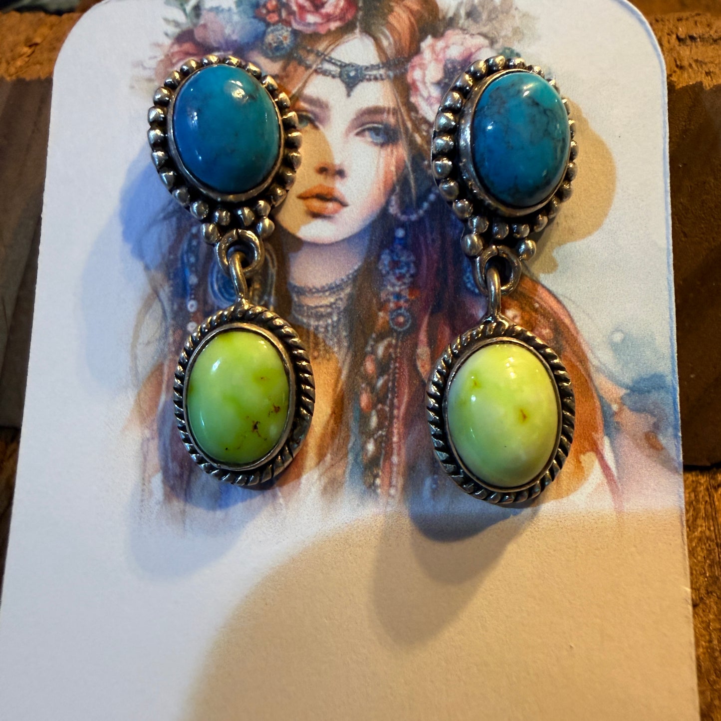 Kingman Turquoise and Palomino Gemstone Drop Earring Studs, Sterling Silver Wild West Boho