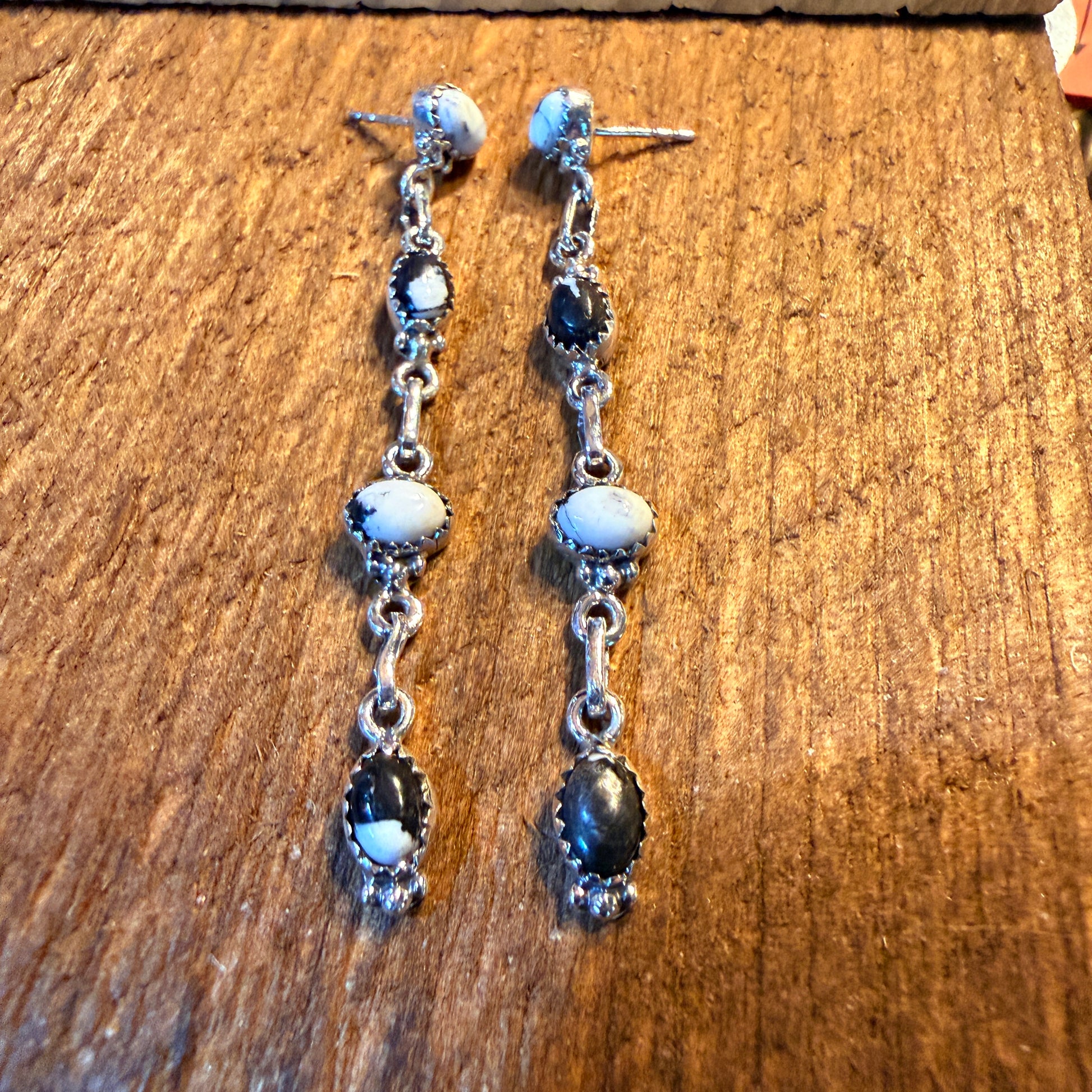 White Buffalo Turquoise Dahlia 3 Inch Drop Stud Earrings, Sterling Silver Wild West Boho