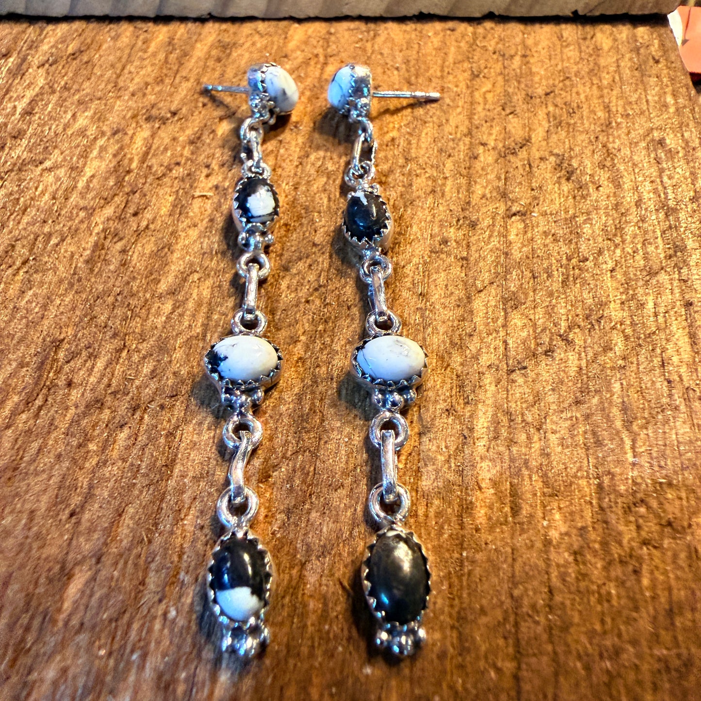 White Buffalo Turquoise Dahlia 3 Inch Drop Stud Earrings, Sterling Silver Wild West Boho