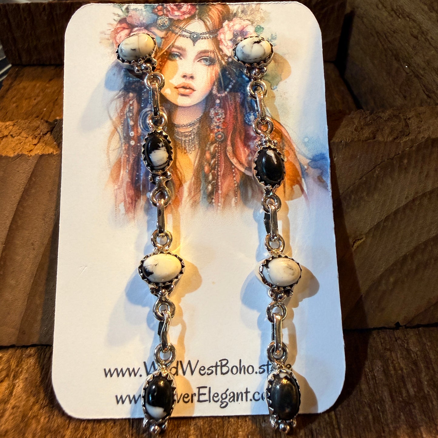 White Buffalo Turquoise Dahlia 3 Inch Drop Stud Earrings, Sterling Silver Wild West Boho
