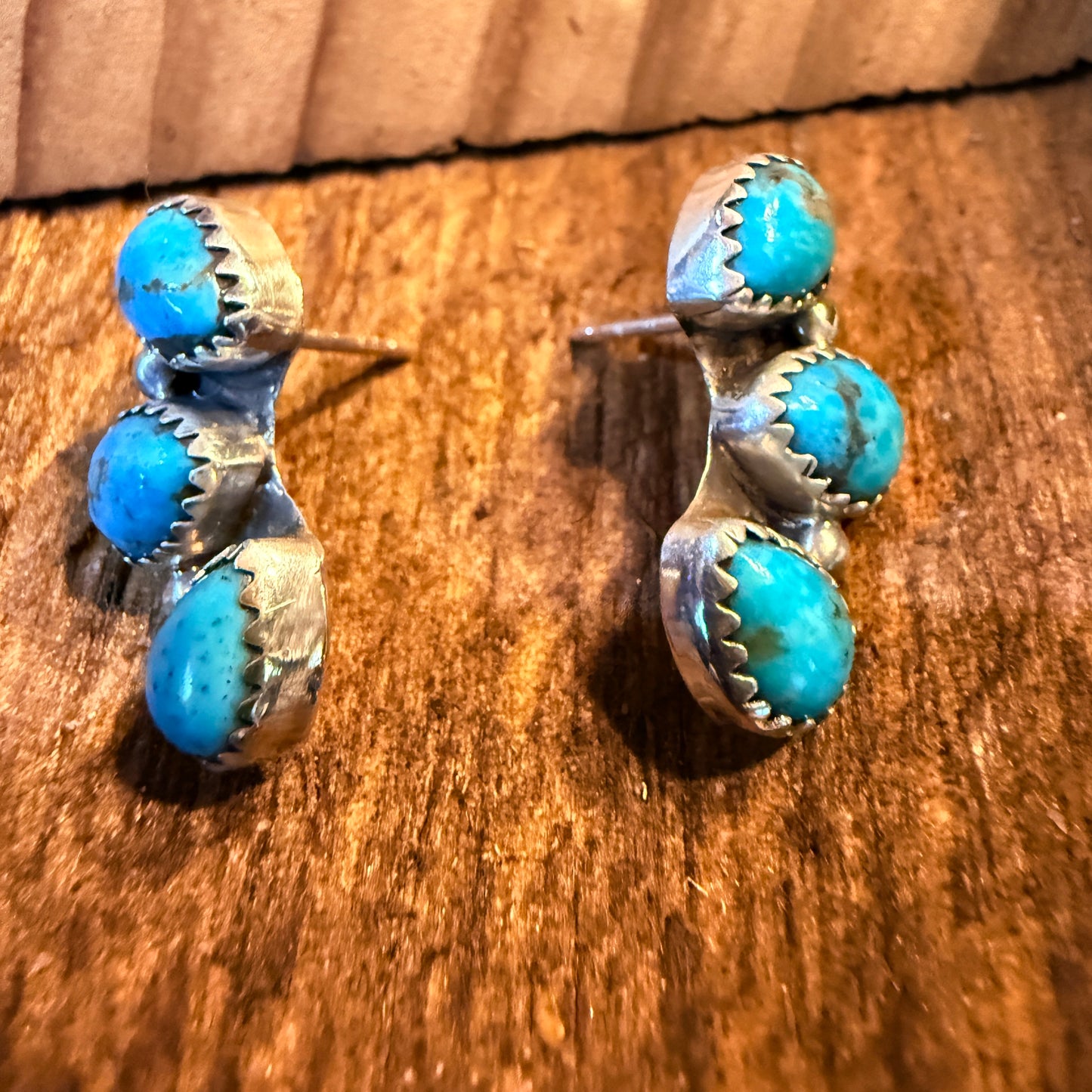 Blue Turquoise Gemstone Half Cluster Stud Earrings, Sterling Silver Wild West Boho