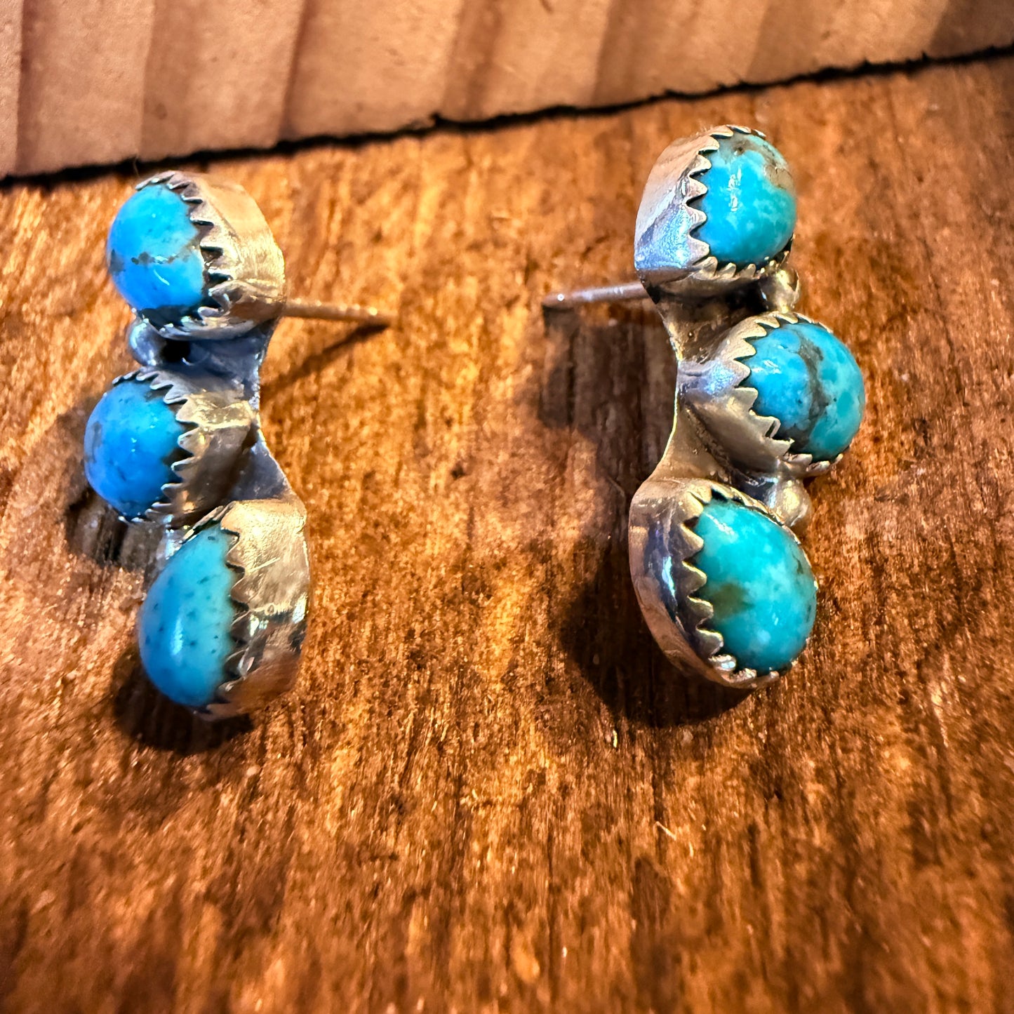 Blue Turquoise Gemstone Half Cluster Stud Earrings, Sterling Silver Wild West Boho