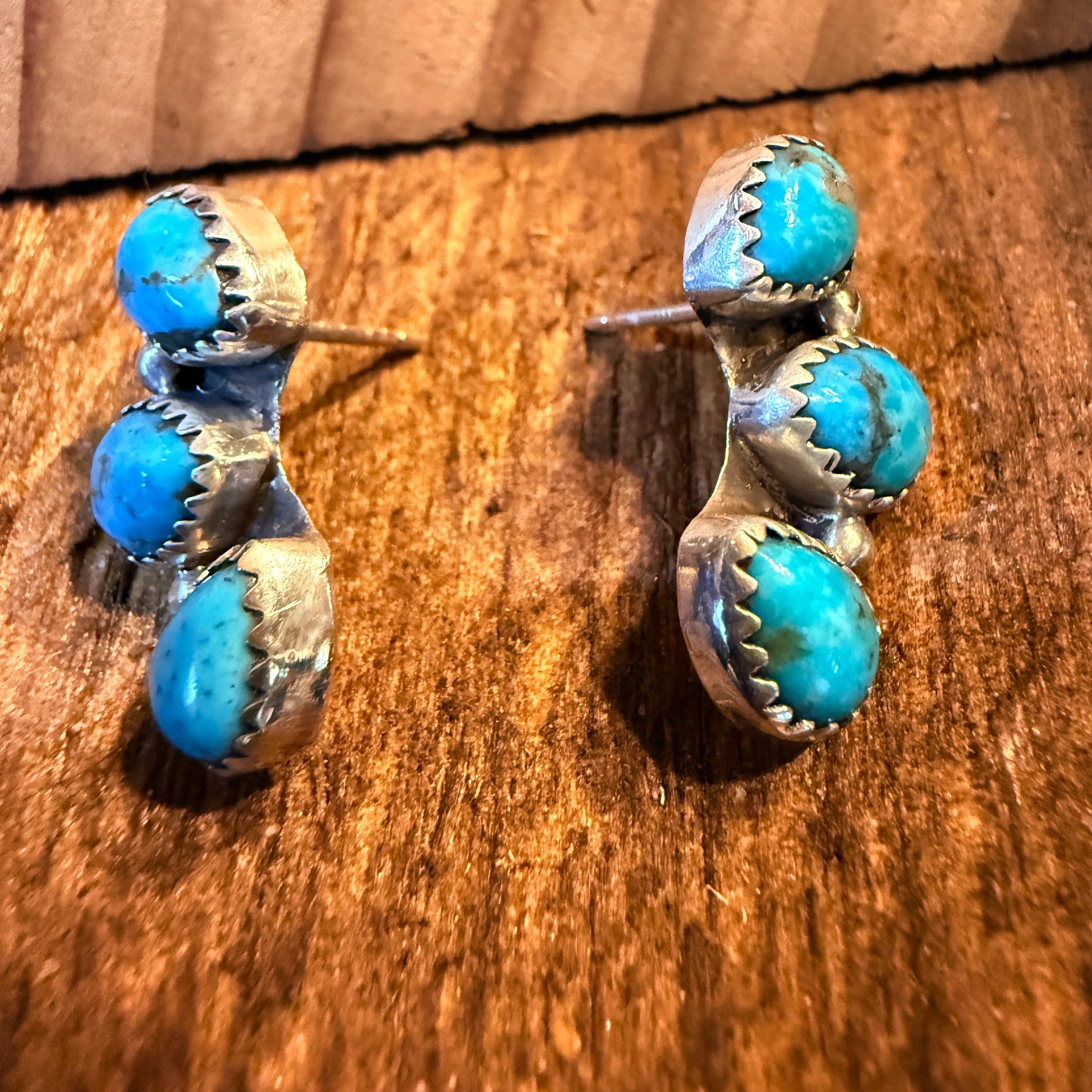 Blue Turquoise Gemstone Half Cluster Stud Earrings, Sterling Silver Wild West Boho