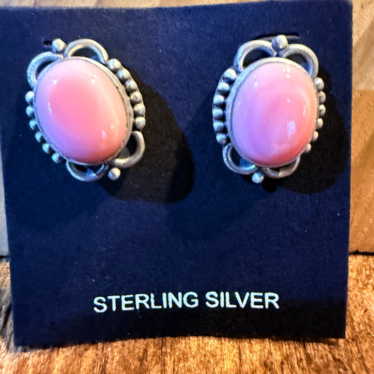 Pink Conch Turquoise Gemstones Stud Earrings in Sterling Silver Wild West Boho