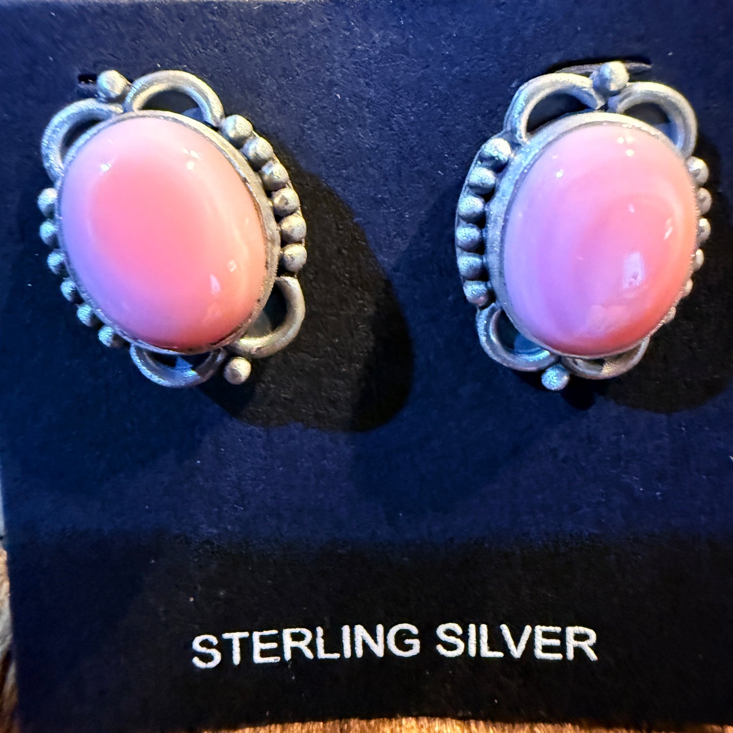 Pink Conch Turquoise Gemstones Stud Earrings in Sterling Silver Wild West Boho